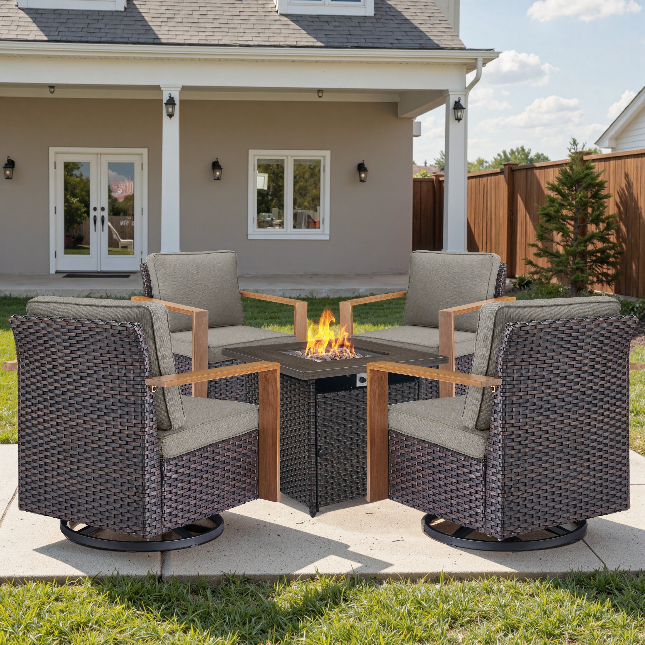 Unnifurnzi 4 Pieces Patio Furniture Set with Fire Pit-All Weather Wicker Outdoor Swivel Chair with Outdoor Couch Outdoor Furniture for Garden Backyard Balcony Poolside