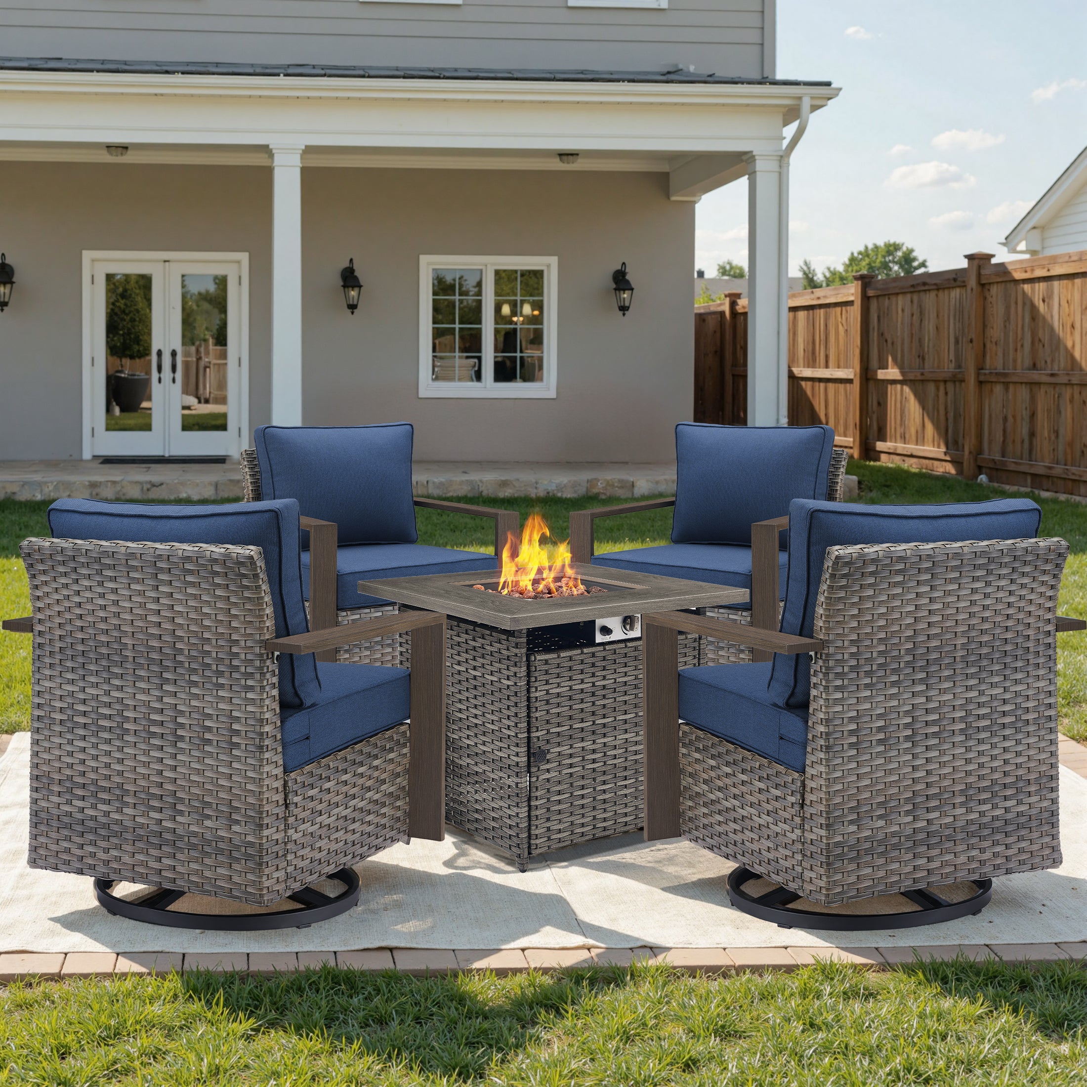 Unnifurnzi 4 Pieces Patio Furniture Set with Fire Pit-All Weather Wicker Outdoor Swivel Chair with Outdoor Couch Outdoor Furniture for Garden Backyard Balcony Poolside
