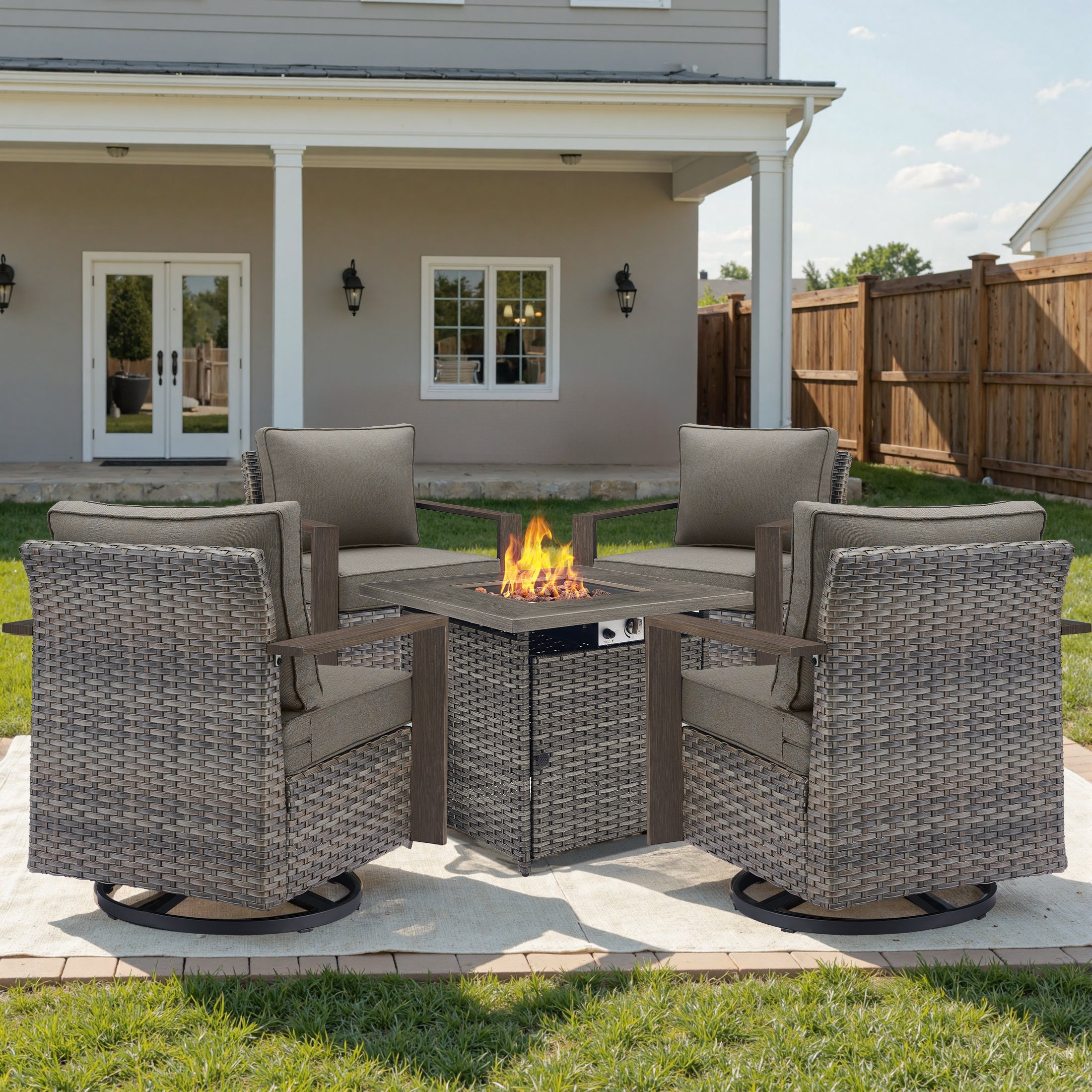 Unnifurnzi 4 Pieces Patio Furniture Set with Fire Pit-All Weather Wicker Outdoor Swivel Chair with Outdoor Couch Outdoor Furniture for Garden Backyard Balcony Poolside