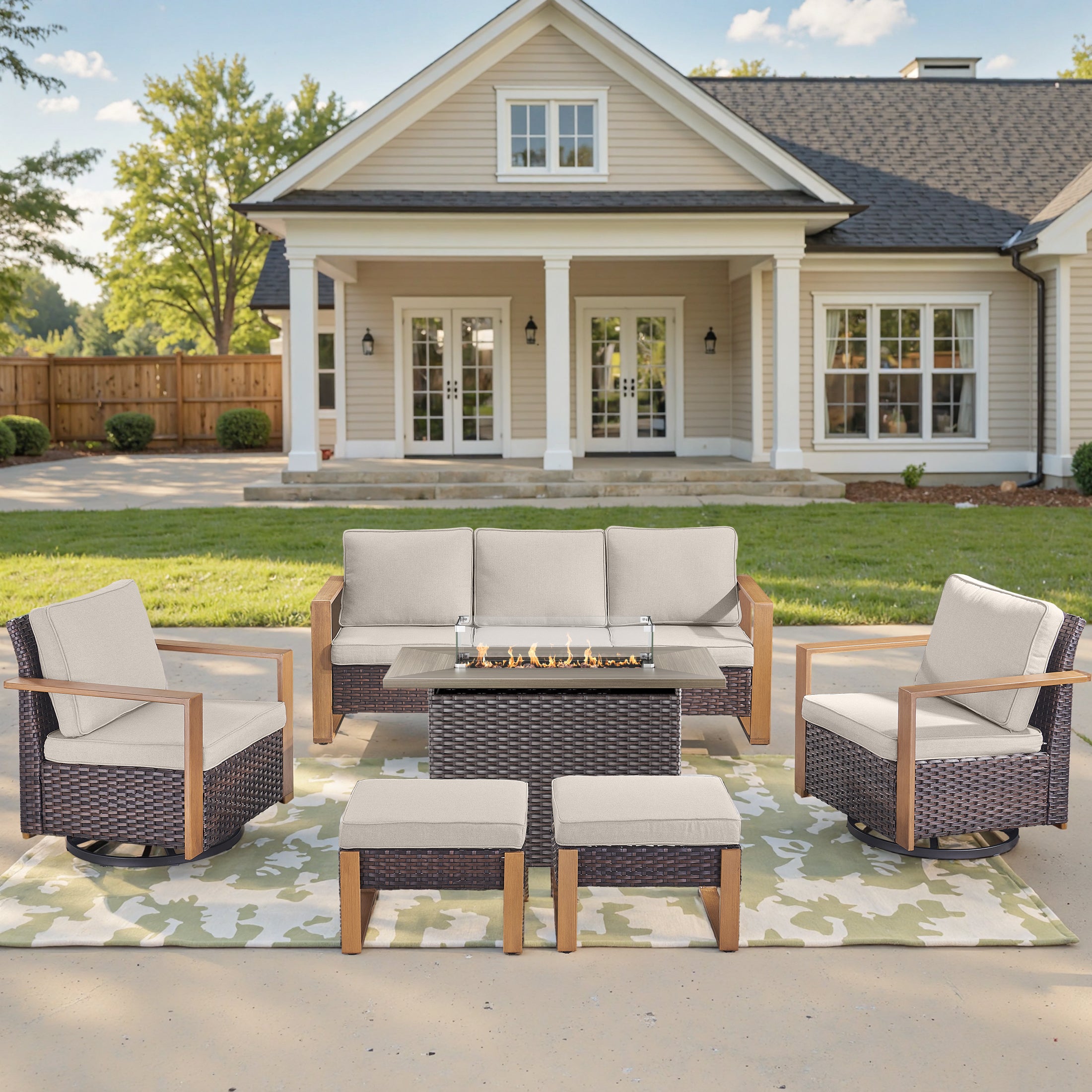 Unnifurnzi 4 Pieces Patio Furniture Set with Fire Pit-All Weather Wicker Outdoor Swivel Chair with Outdoor Couch Outdoor Furniture for Garden Backyard Balcony Poolside