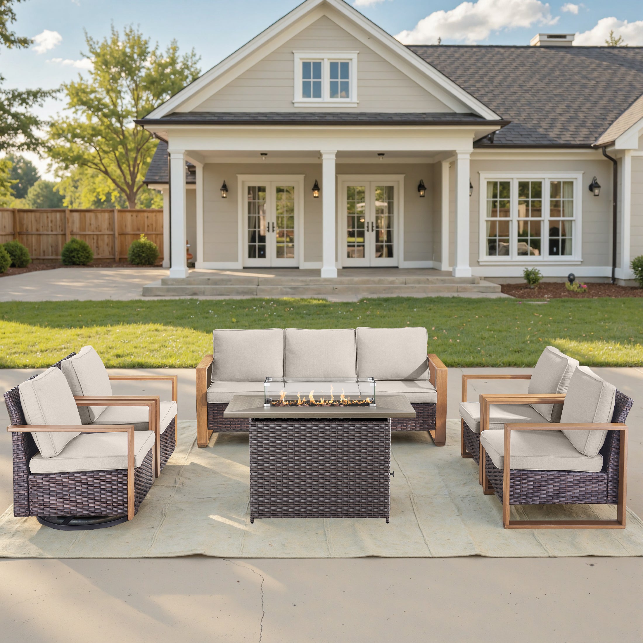 Unnifurnzi 4 Pieces Patio Furniture Set with Fire Pit-All Weather Wicker Outdoor Swivel Chair with Outdoor Couch Outdoor Furniture for Garden Backyard Balcony Poolside