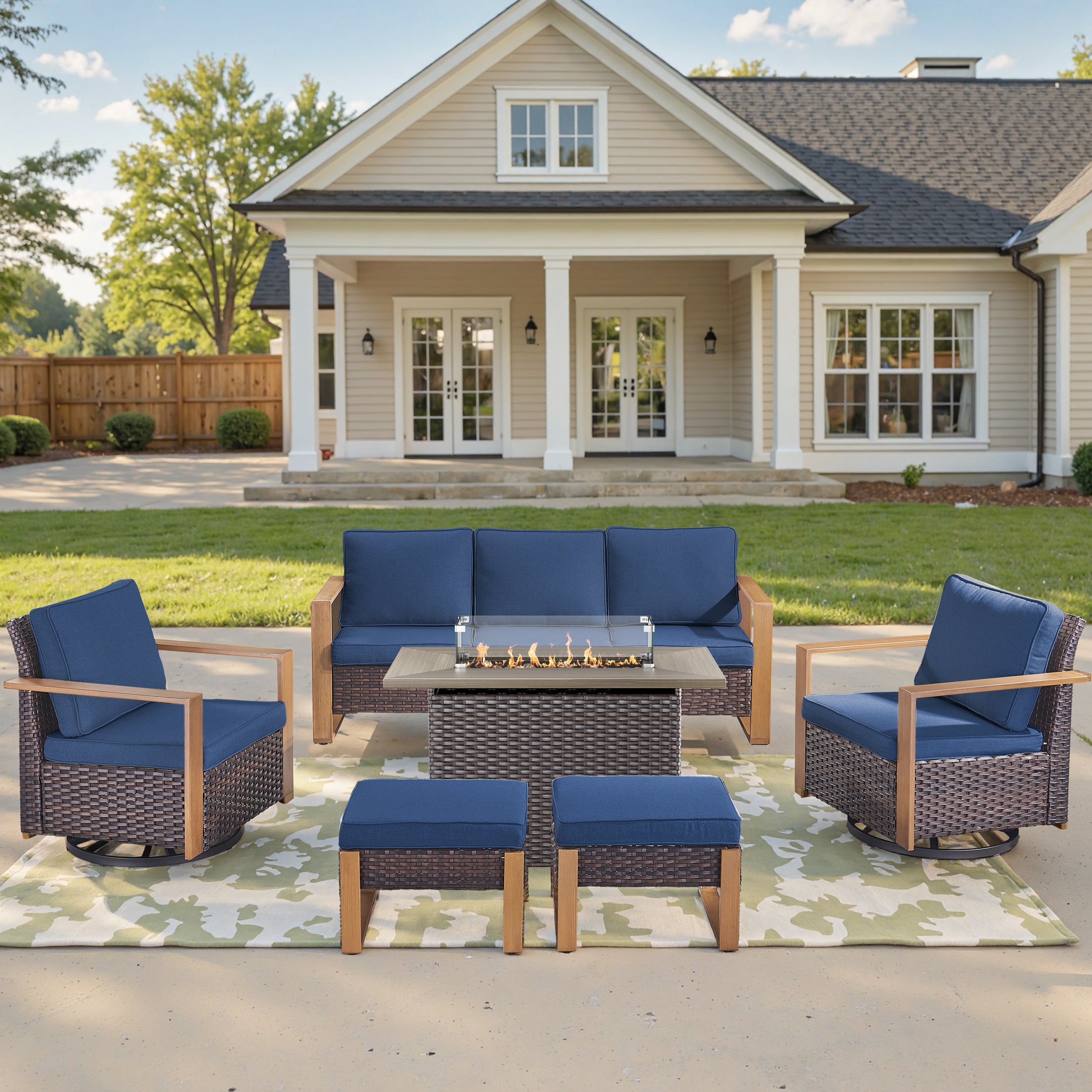 Unnifurnzi 4 Pieces Patio Furniture Set with Fire Pit-All Weather Wicker Outdoor Swivel Chair with Outdoor Couch Outdoor Furniture for Garden Backyard Balcony Poolside