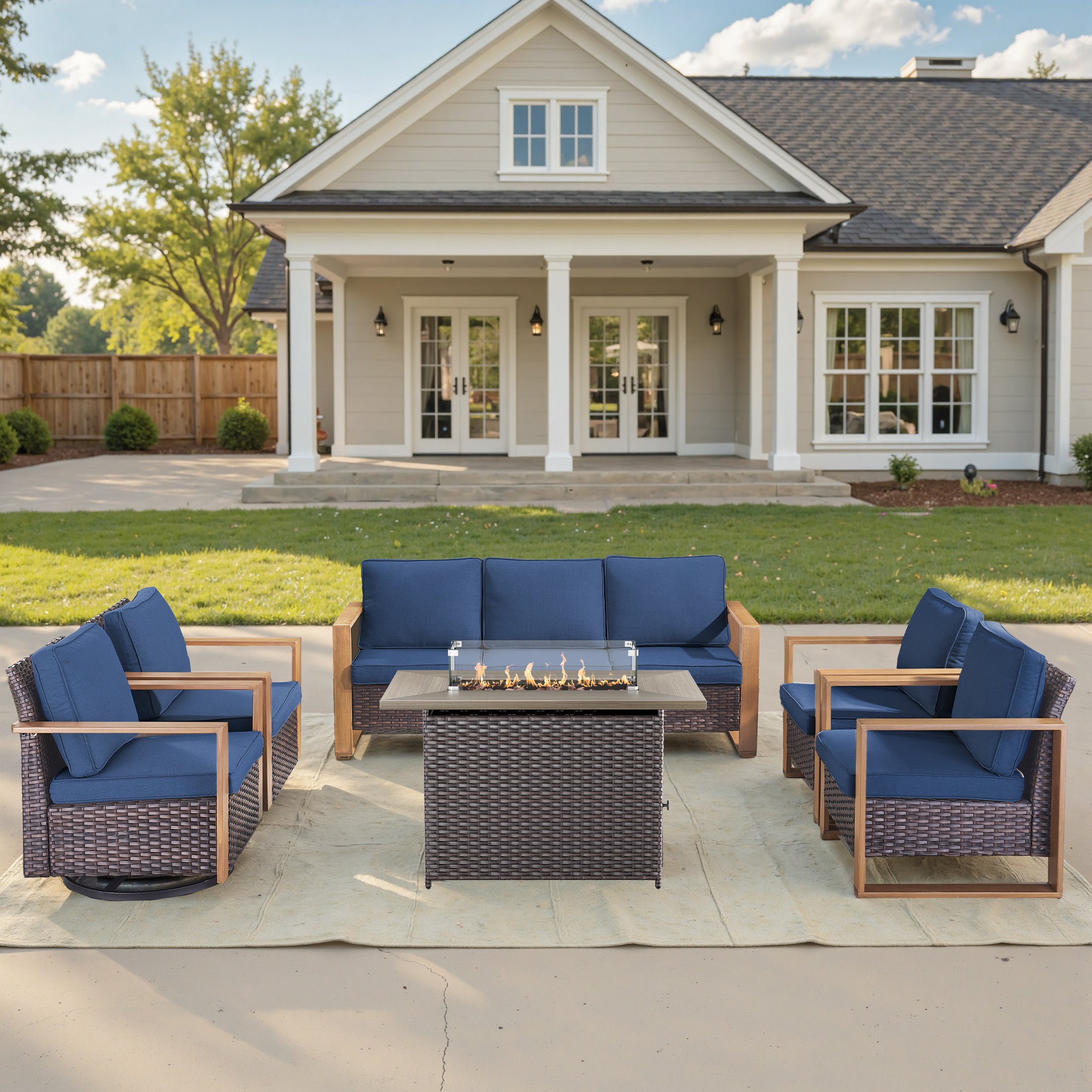 Unnifurnzi 4 Pieces Patio Furniture Set with Fire Pit-All Weather Wicker Outdoor Swivel Chair with Outdoor Couch Outdoor Furniture for Garden Backyard Balcony Poolside