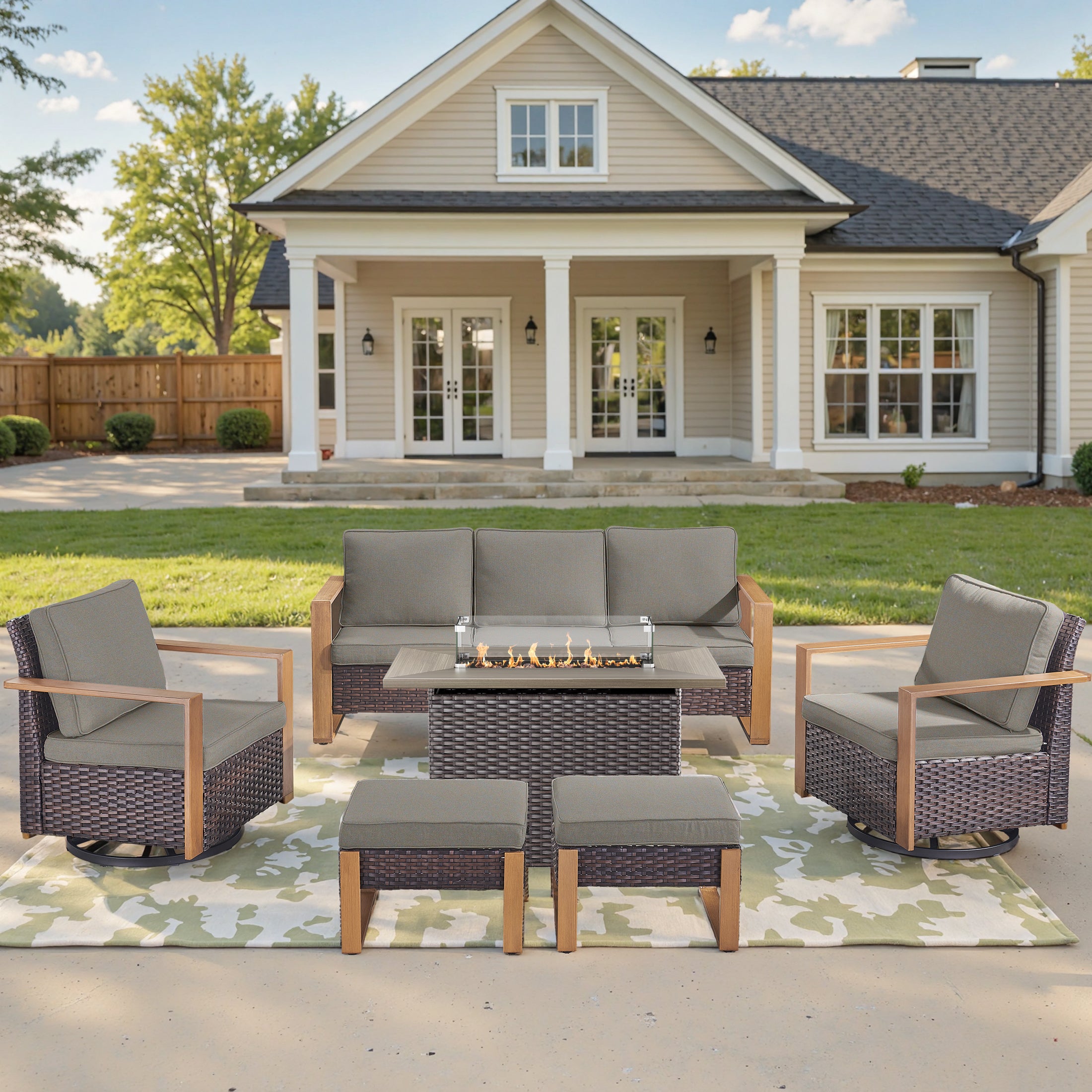 Unnifurnzi 4 Pieces Patio Furniture Set with Fire Pit-All Weather Wicker Outdoor Swivel Chair with Outdoor Couch Outdoor Furniture for Garden Backyard Balcony Poolside