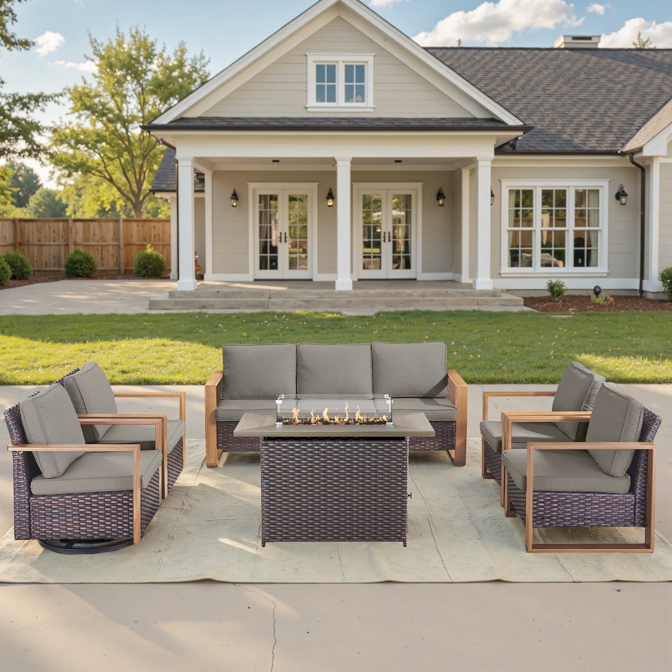 Unnifurnzi 4 Pieces Patio Furniture Set with Fire Pit-All Weather Wicker Outdoor Swivel Chair with Outdoor Couch Outdoor Furniture for Garden Backyard Balcony Poolside