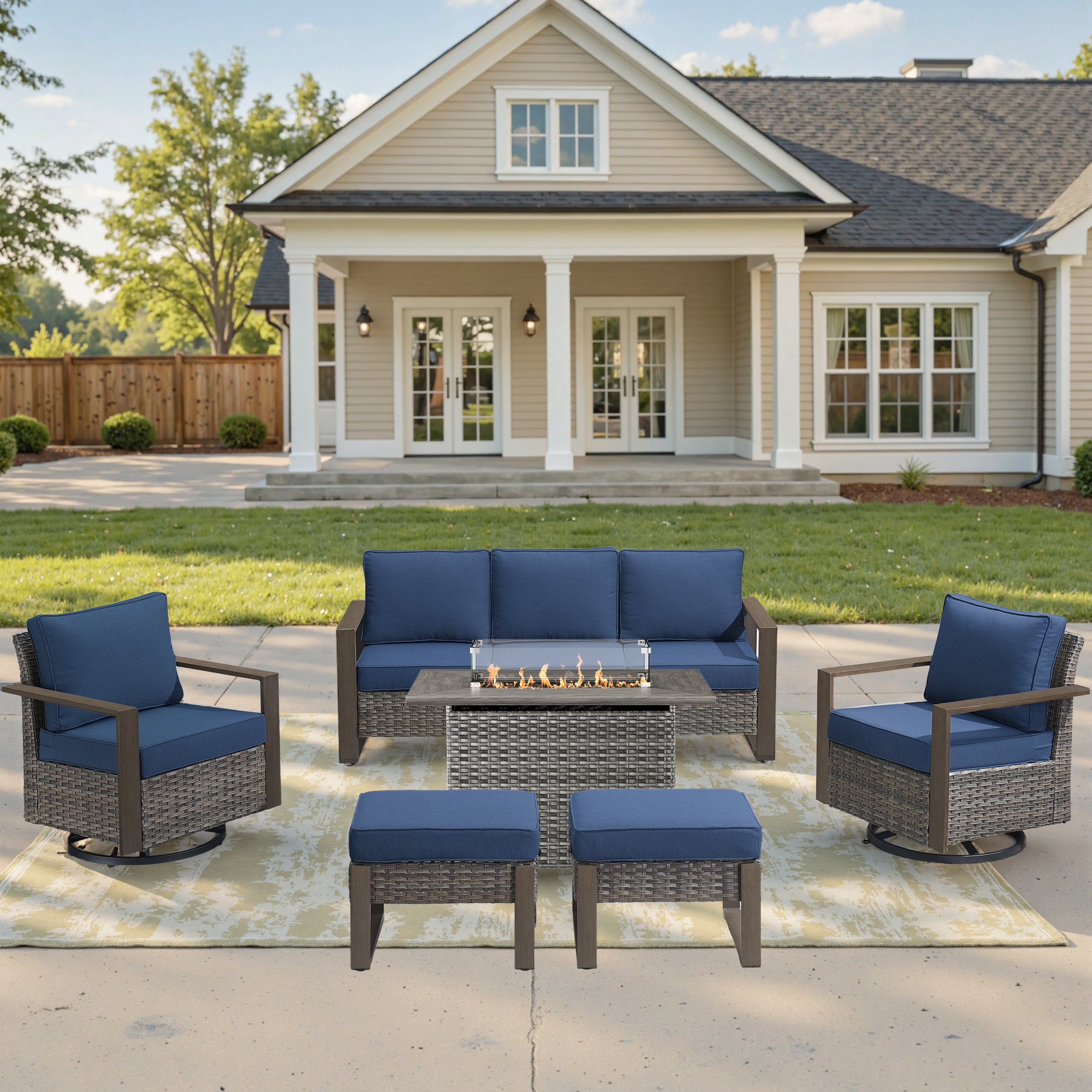 Unnifurnzi 4 Pieces Patio Furniture Set with Fire Pit-All Weather Wicker Outdoor Swivel Chair with Outdoor Couch Outdoor Furniture for Garden Backyard Balcony Poolside