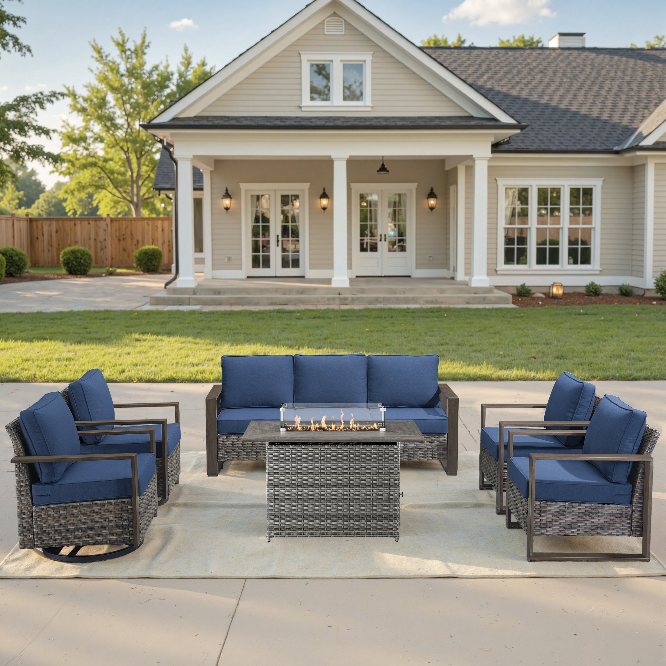 Unnifurnzi 4 Pieces Patio Furniture Set with Fire Pit-All Weather Wicker Outdoor Swivel Chair with Outdoor Couch Outdoor Furniture for Garden Backyard Balcony Poolside