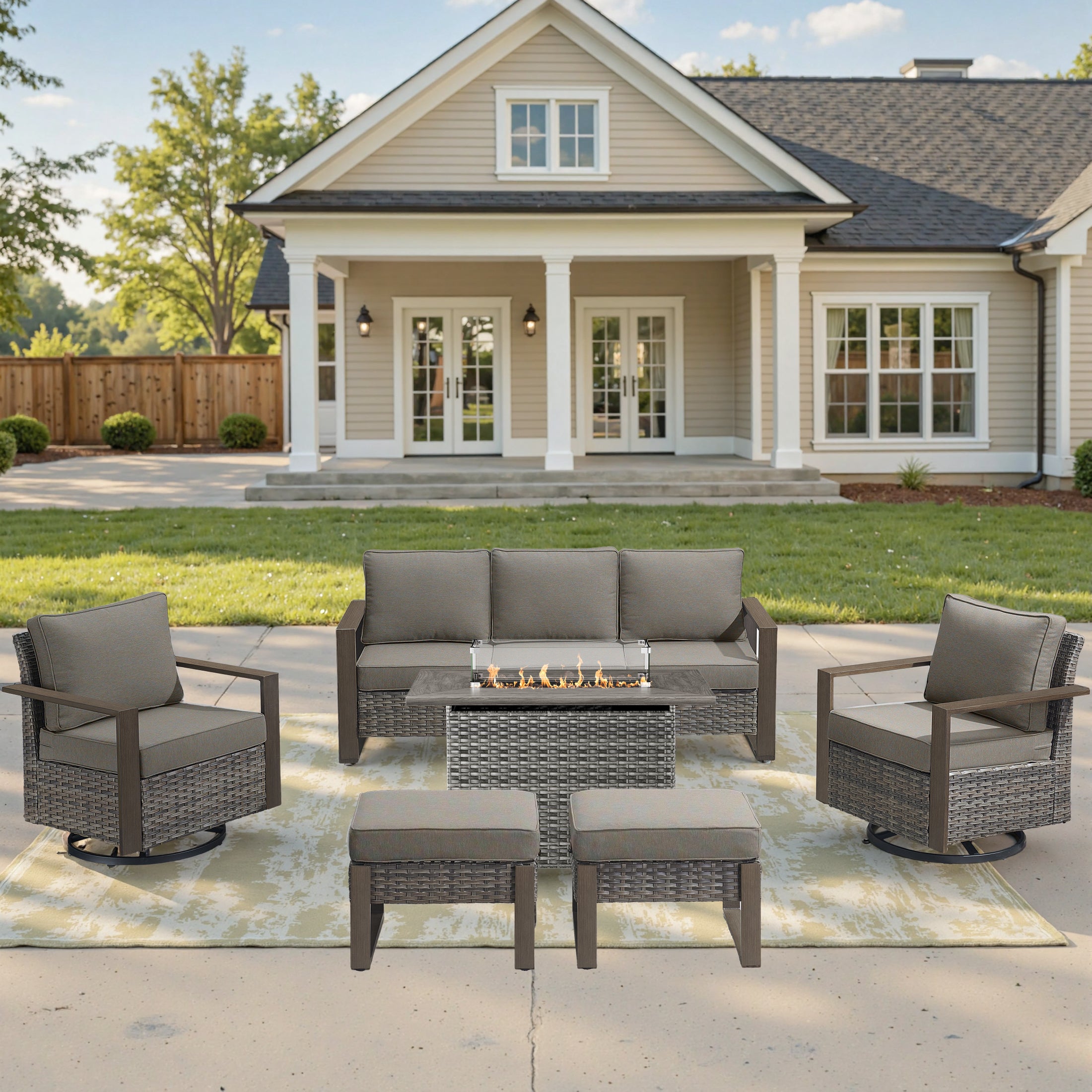 Unnifurnzi 4 Pieces Patio Furniture Set with Fire Pit-All Weather Wicker Outdoor Swivel Chair with Outdoor Couch Outdoor Furniture for Garden Backyard Balcony Poolside