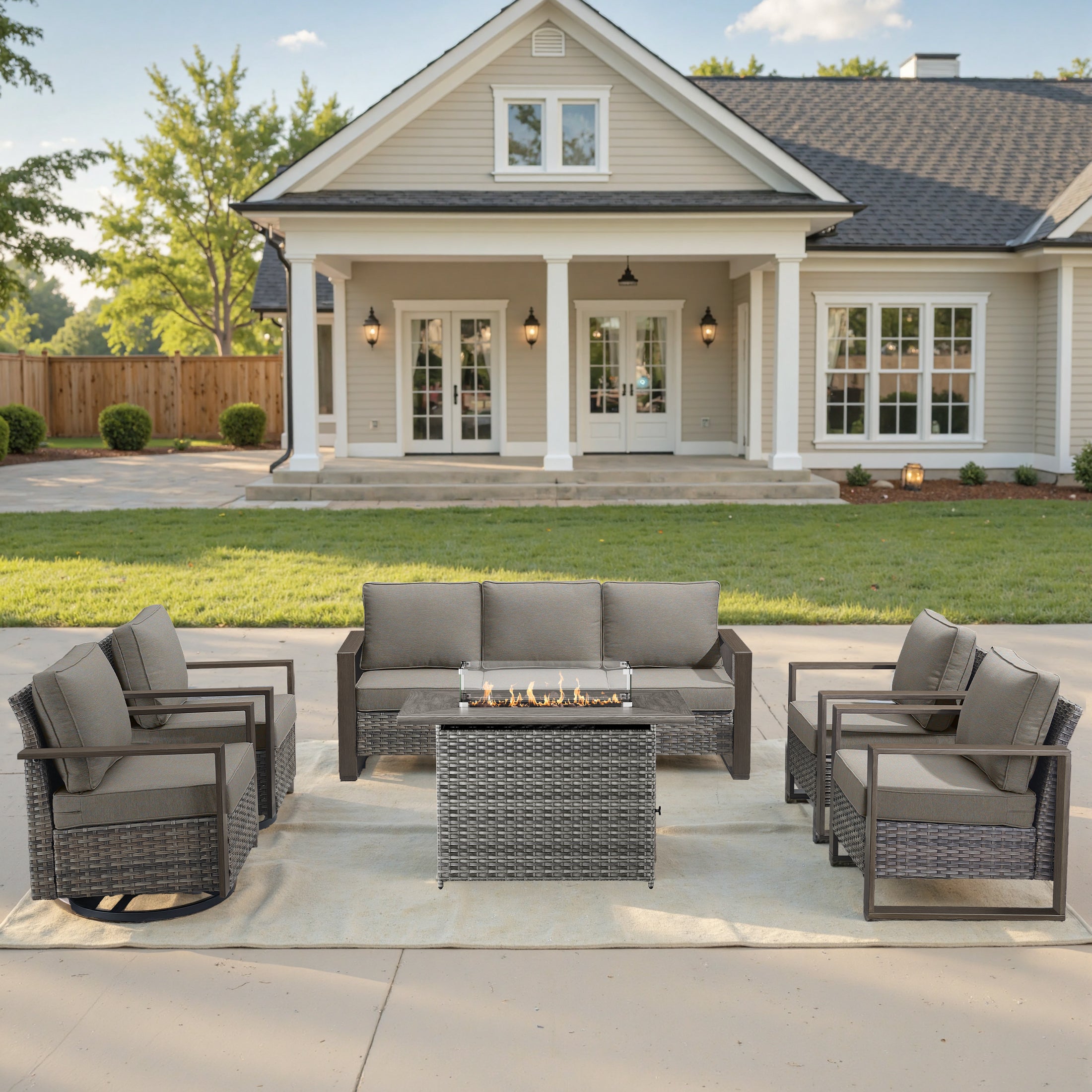 Unnifurnzi 4 Pieces Patio Furniture Set with Fire Pit-All Weather Wicker Outdoor Swivel Chair with Outdoor Couch Outdoor Furniture for Garden Backyard Balcony Poolside