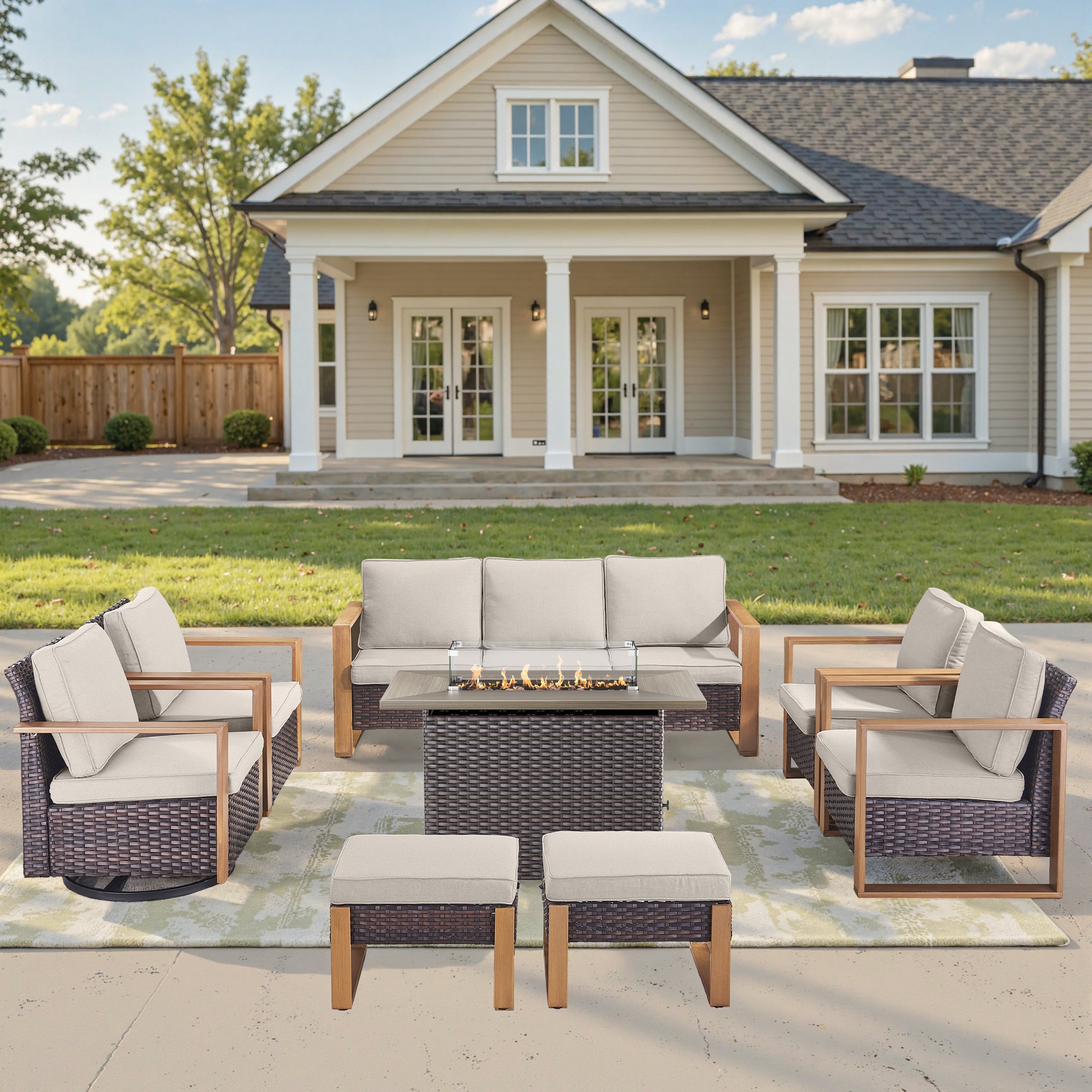 Unnifurnzi 4 Pieces Patio Furniture Set with Fire Pit-All Weather Wicker Outdoor Swivel Chair with Outdoor Couch Outdoor Furniture for Garden Backyard Balcony Poolside