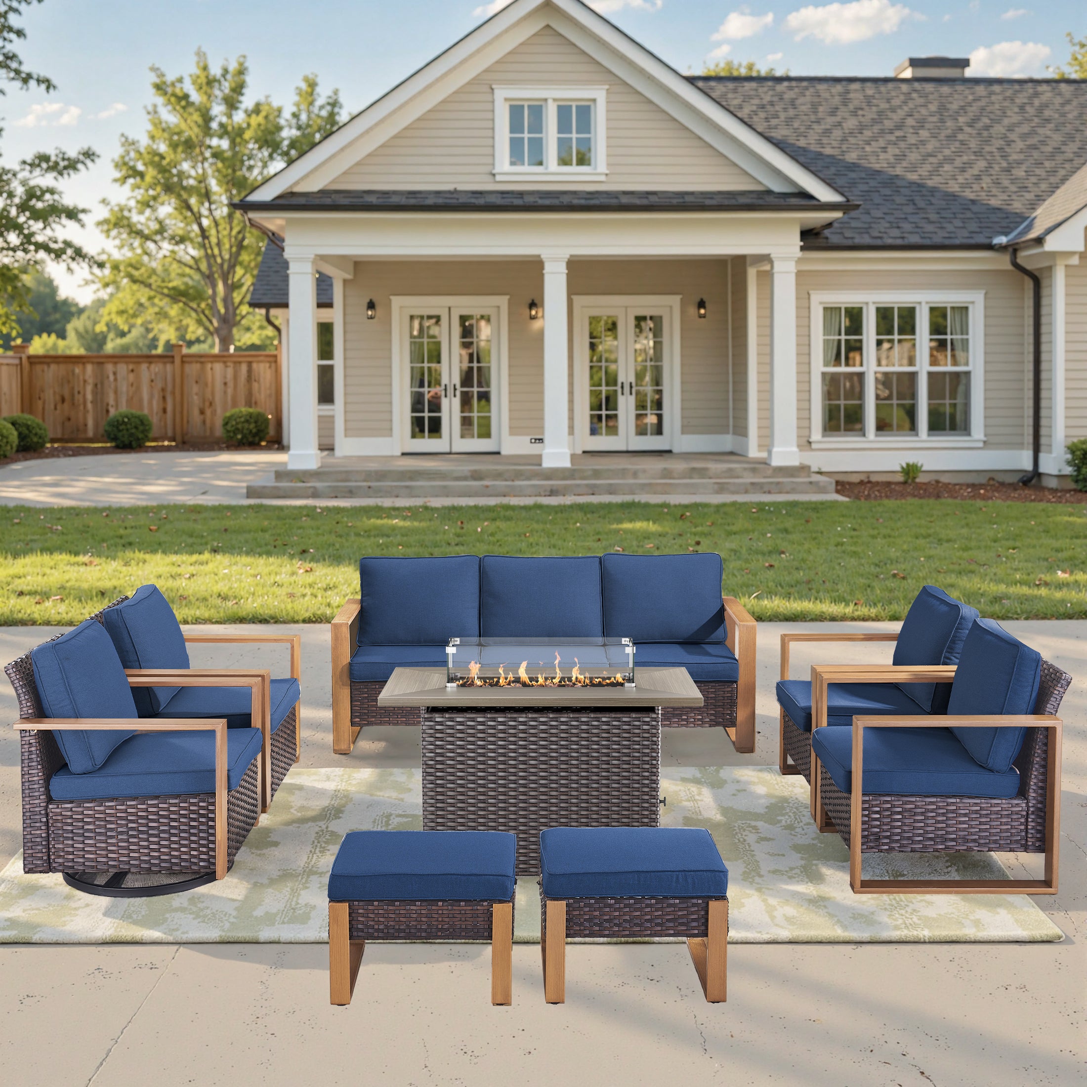 Unnifurnzi 4 Pieces Patio Furniture Set with Fire Pit-All Weather Wicker Outdoor Swivel Chair with Outdoor Couch Outdoor Furniture for Garden Backyard Balcony Poolside