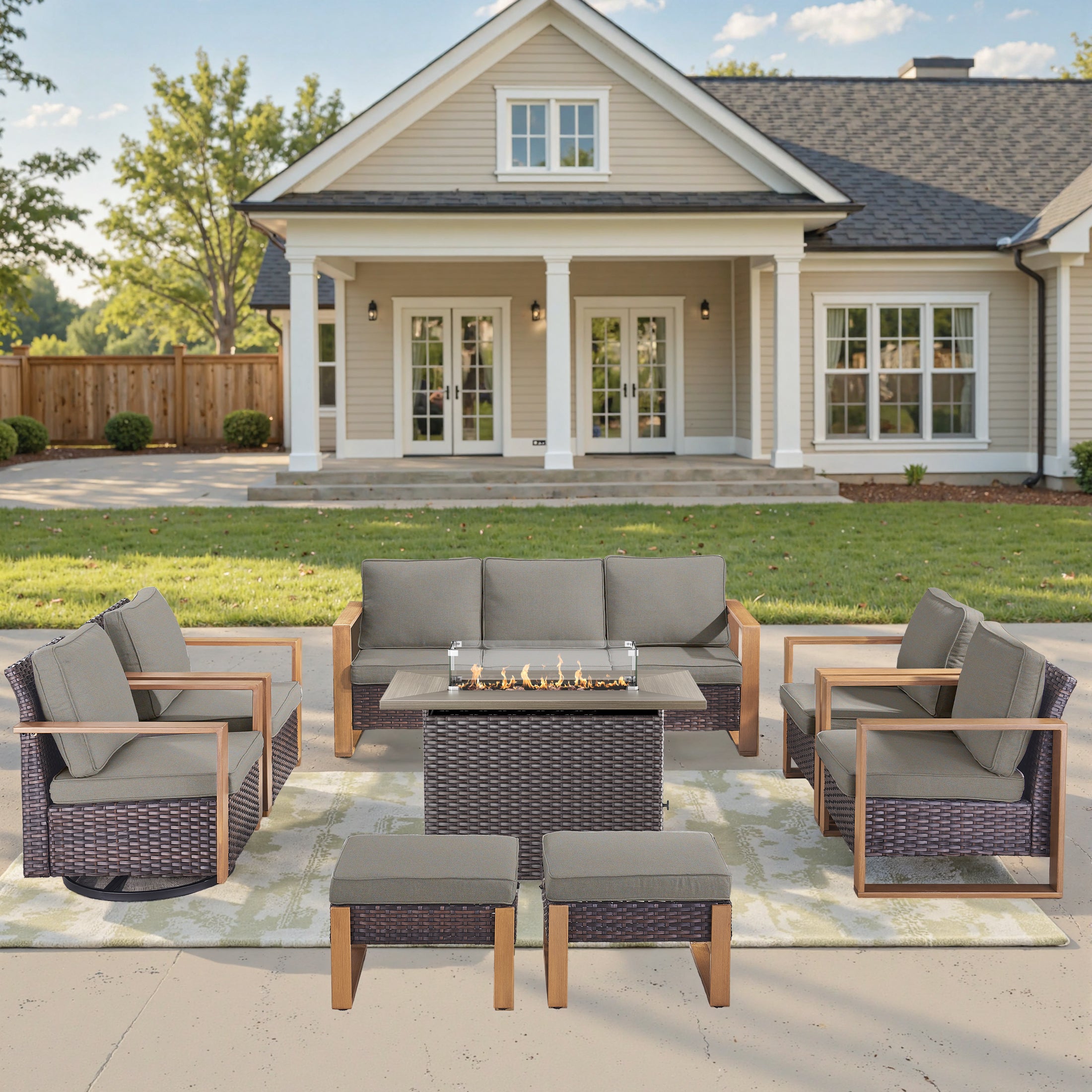 Unnifurnzi 4 Pieces Patio Furniture Set with Fire Pit-All Weather Wicker Outdoor Swivel Chair with Outdoor Couch Outdoor Furniture for Garden Backyard Balcony Poolside
