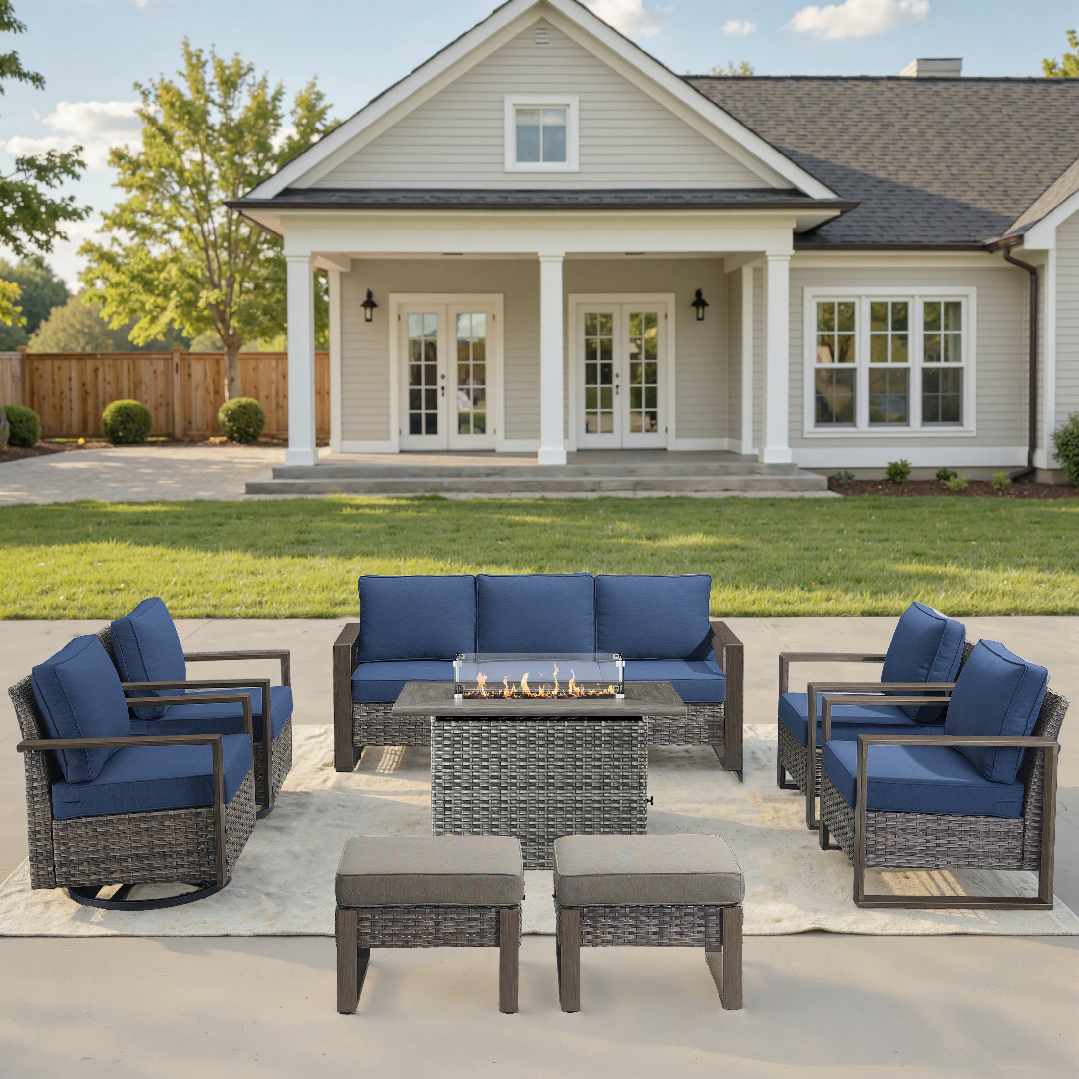 Unnifurnzi 4 Pieces Patio Furniture Set with Fire Pit-All Weather Wicker Outdoor Swivel Chair with Outdoor Couch Outdoor Furniture for Garden Backyard Balcony Poolside