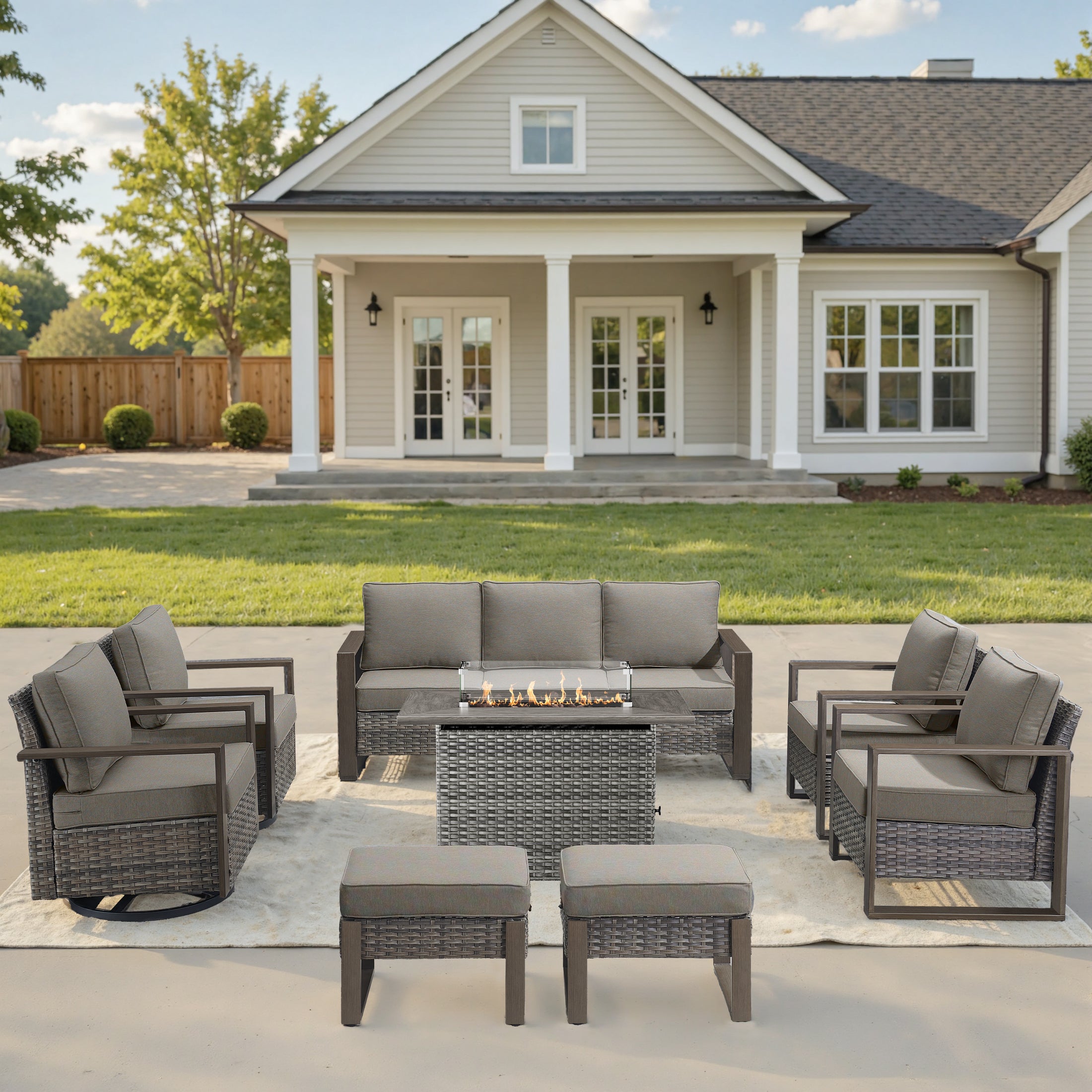 Unnifurnzi 4 Pieces Patio Furniture Set with Fire Pit-All Weather Wicker Outdoor Swivel Chair with Outdoor Couch Outdoor Furniture for Garden Backyard Balcony Poolside