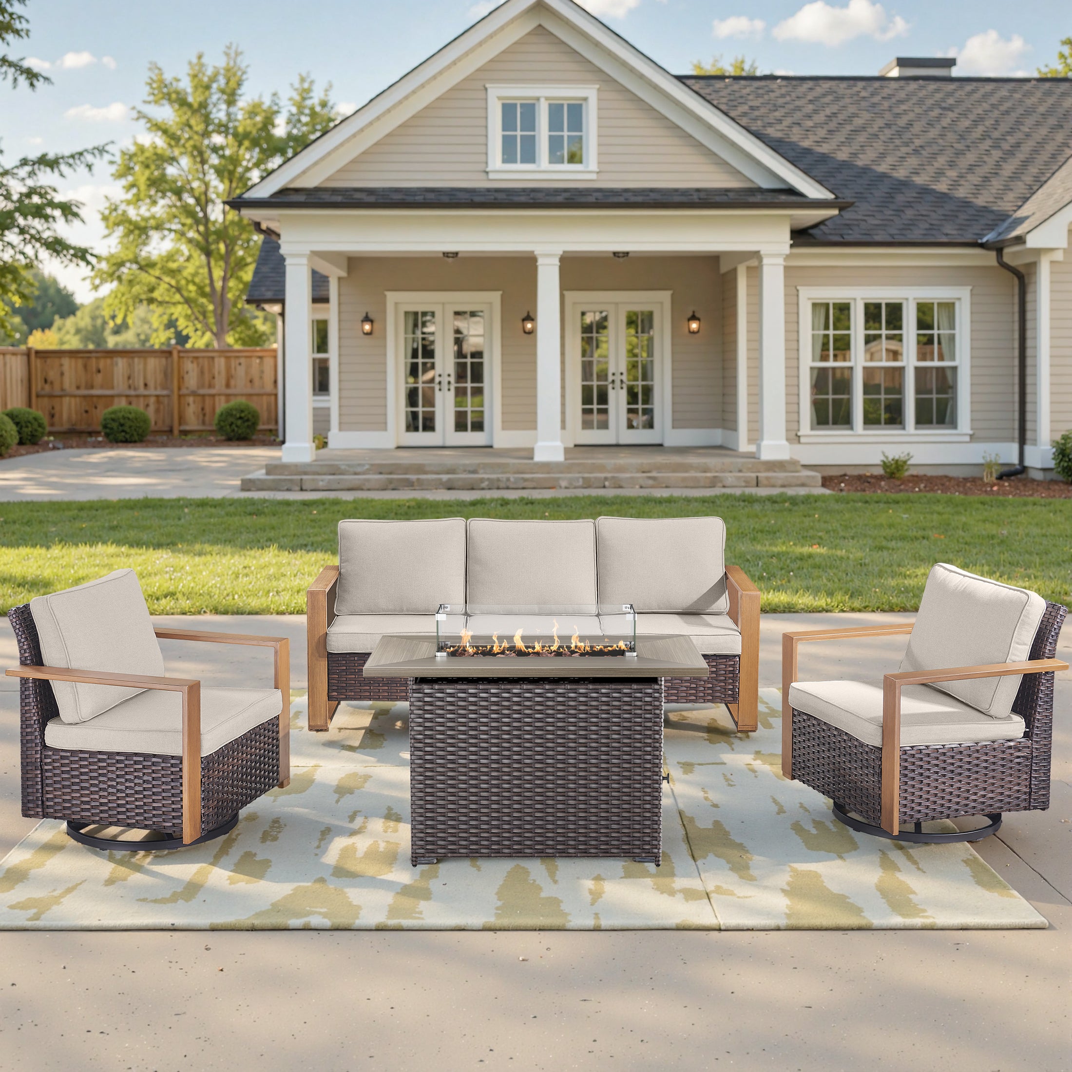 Unnifurnzi 4 Pieces Patio Furniture Set with Fire Pit-All Weather Wicker Outdoor Swivel Chair with Outdoor Couch Outdoor Furniture for Garden Backyard Balcony Poolside