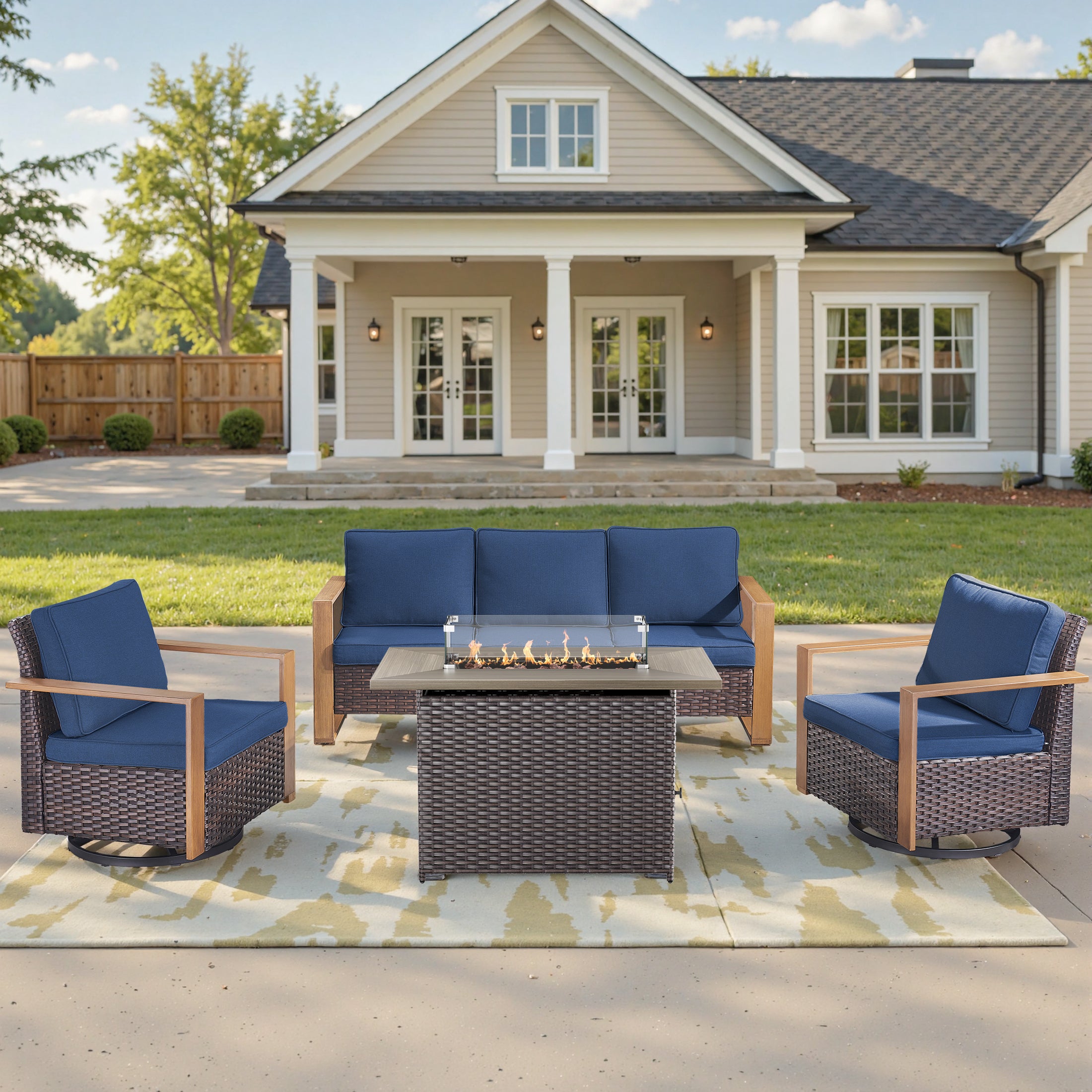 Unnifurnzi 4 Pieces Patio Furniture Set with Fire Pit-All Weather Wicker Outdoor Swivel Chair with Outdoor Couch Outdoor Furniture for Garden Backyard Balcony Poolside