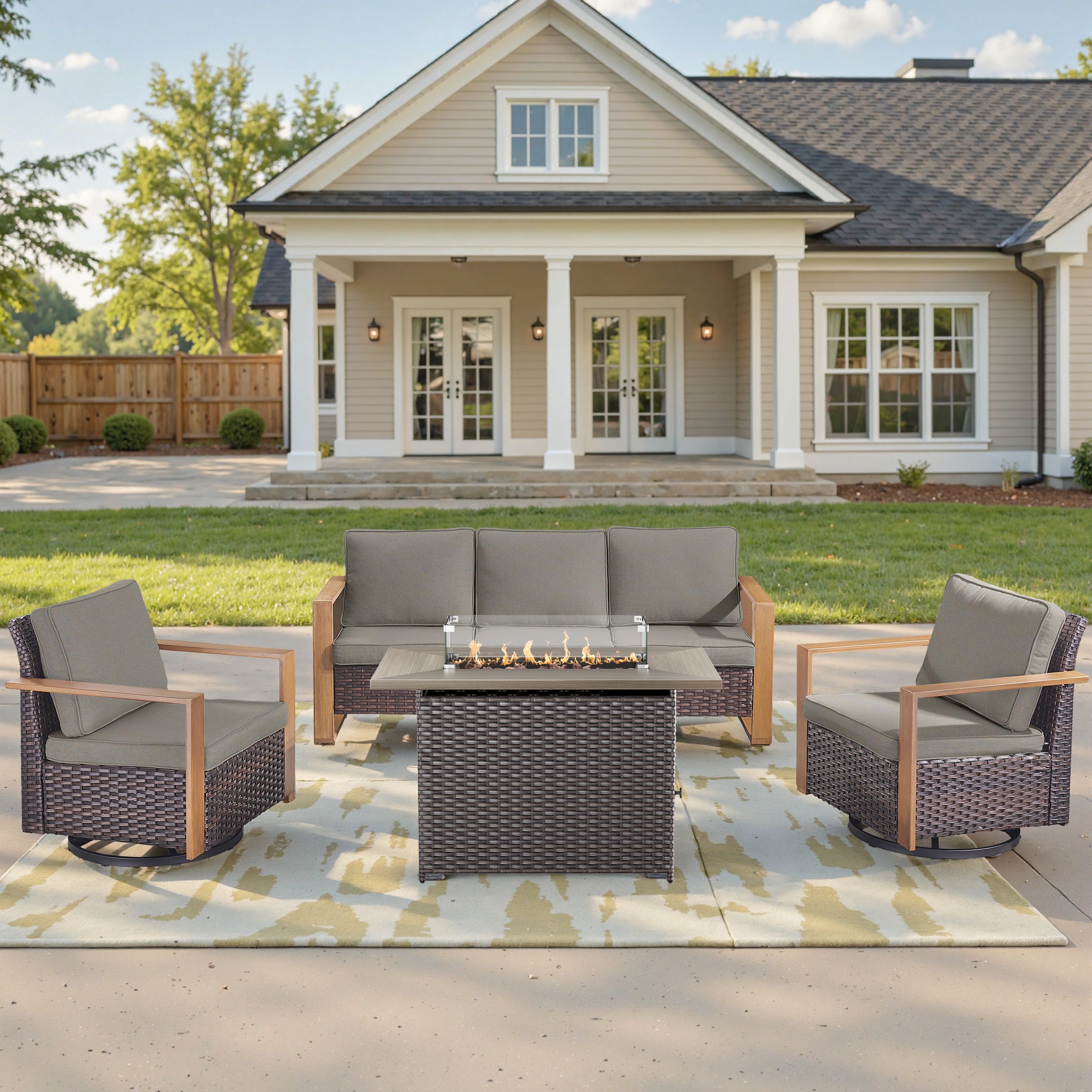 Unnifurnzi 4 Pieces Patio Furniture Set with Fire Pit-All Weather Wicker Outdoor Swivel Chair with Outdoor Couch Outdoor Furniture for Garden Backyard Balcony Poolside