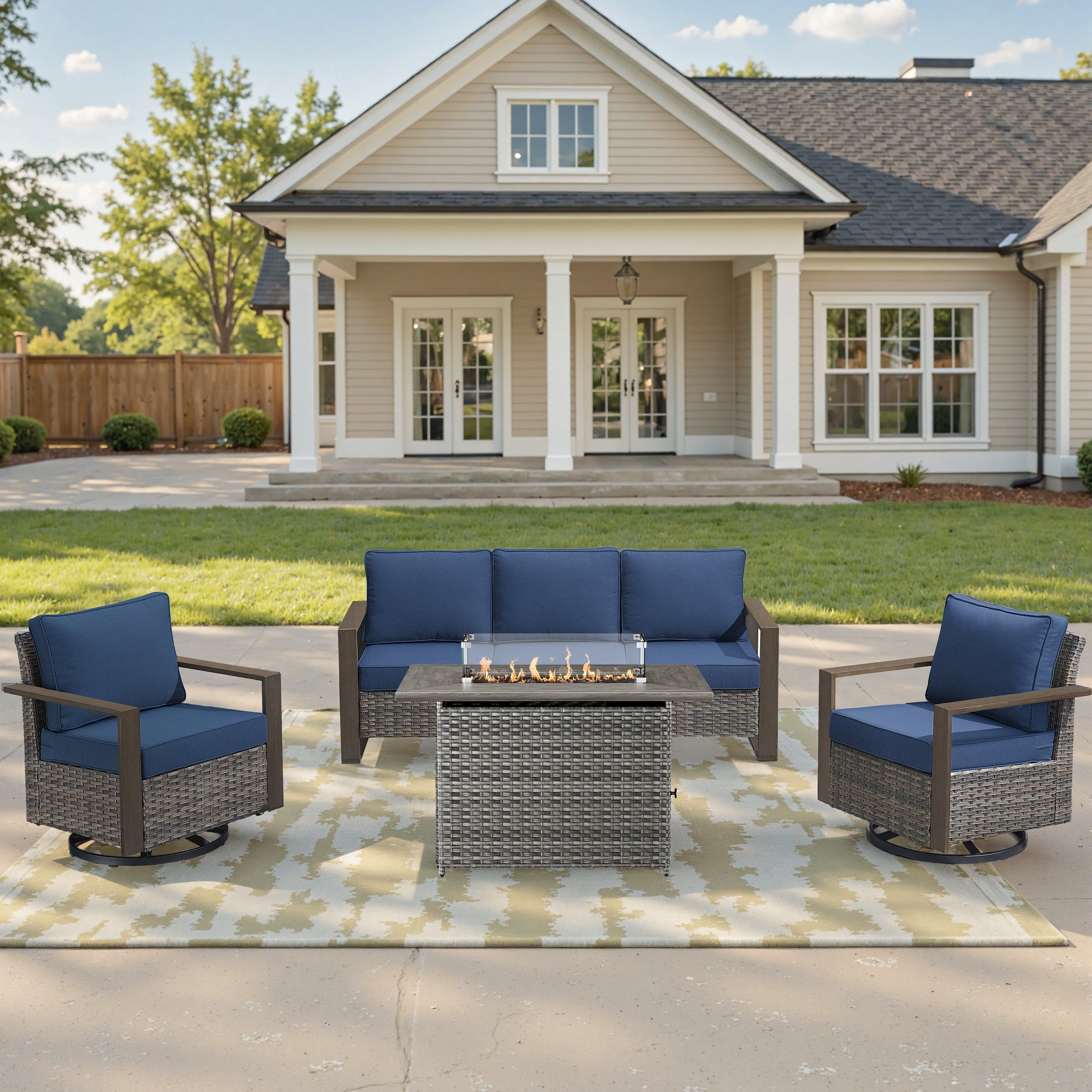 Unnifurnzi 4 Pieces Patio Furniture Set with Fire Pit-All Weather Wicker Outdoor Swivel Chair with Outdoor Couch Outdoor Furniture for Garden Backyard Balcony Poolside