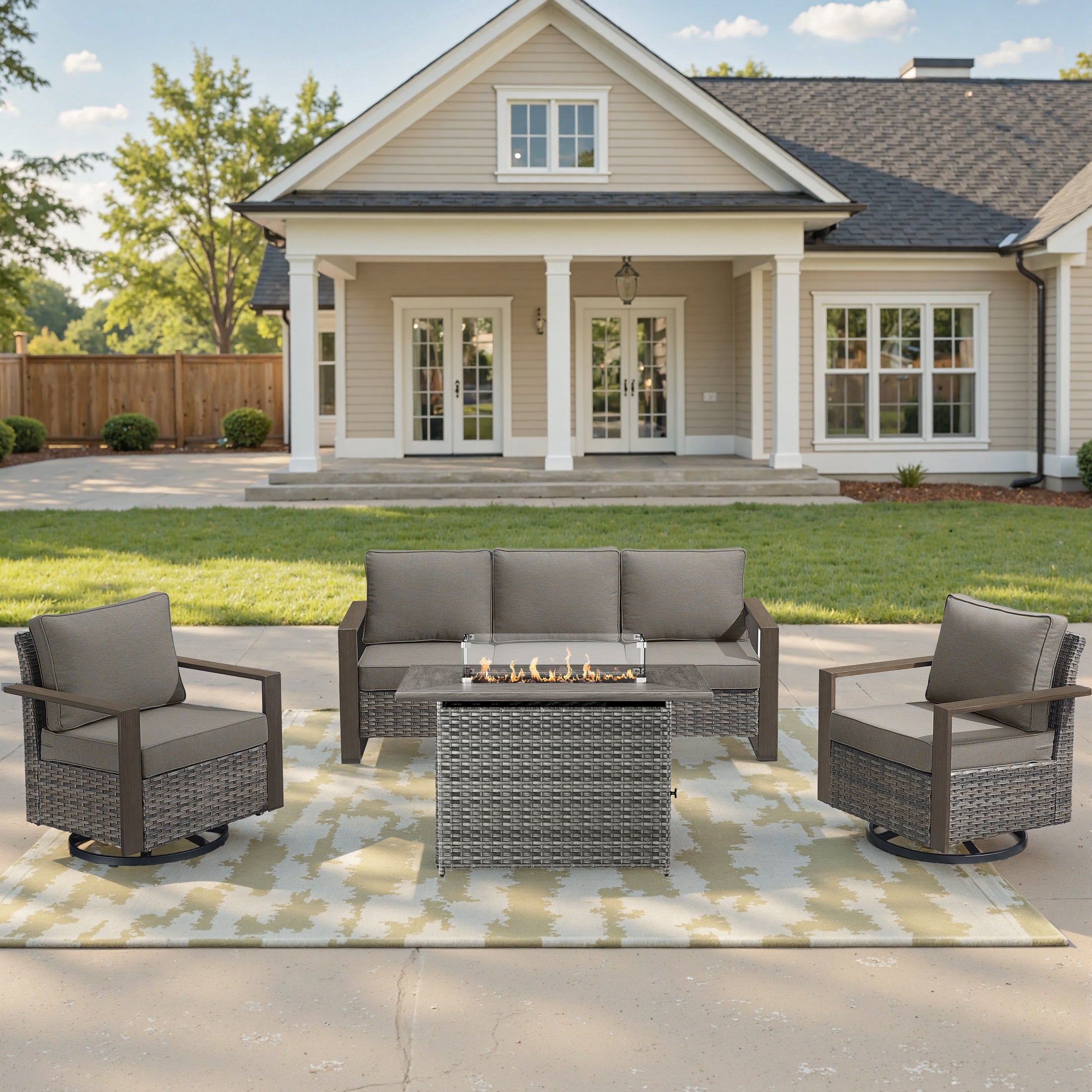 Unnifurnzi 4 Pieces Patio Furniture Set with Fire Pit-All Weather Wicker Outdoor Swivel Chair with Outdoor Couch Outdoor Furniture for Garden Backyard Balcony Poolside