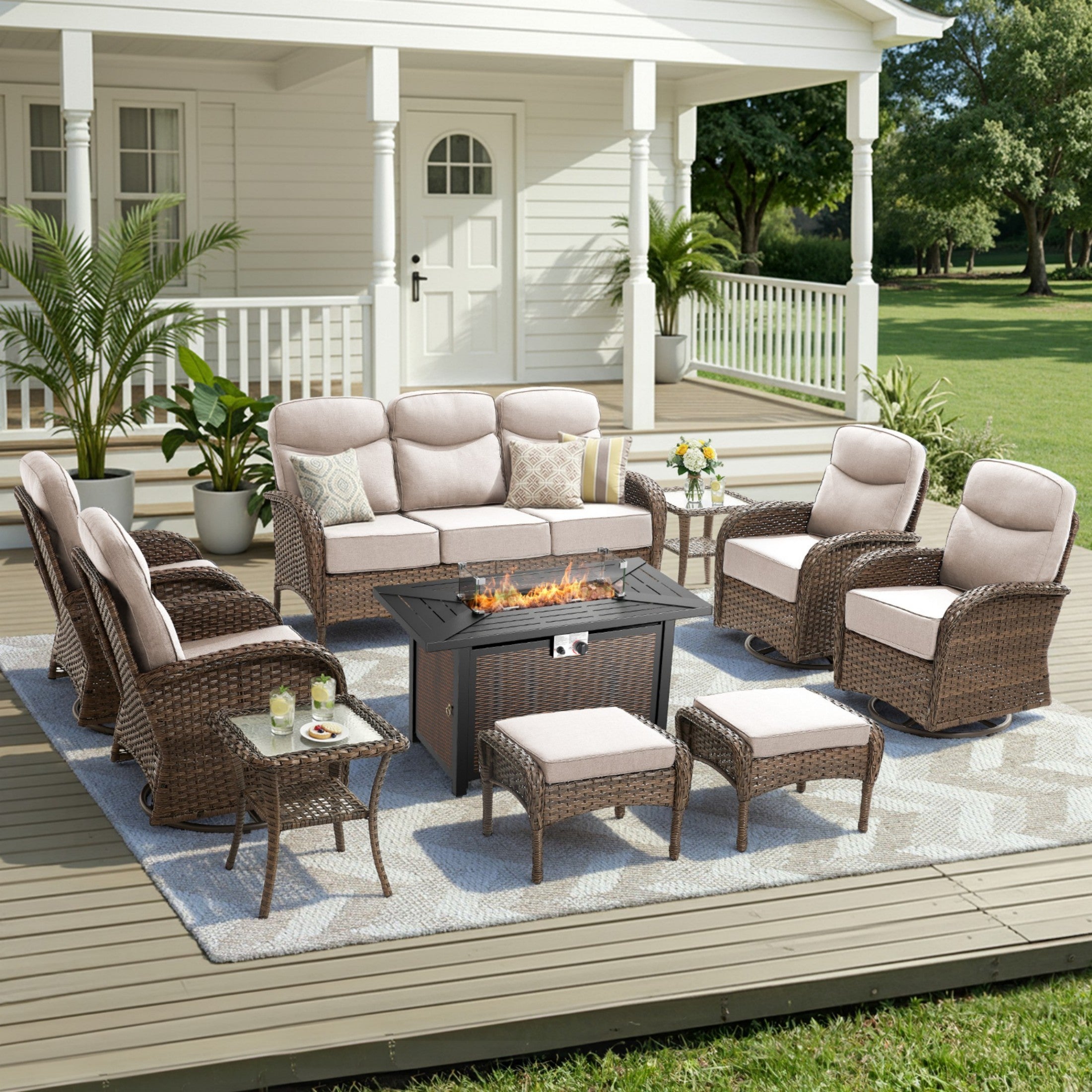 Unnifurnzi 5 Pieces Patio Furniture with Fire Pit-6'' Thick Cushions Outdoor Furniture with Swivel Rocker Chairs Outdoor Couch Wicker Patio Furniture For Deck Porch Garden Poolside