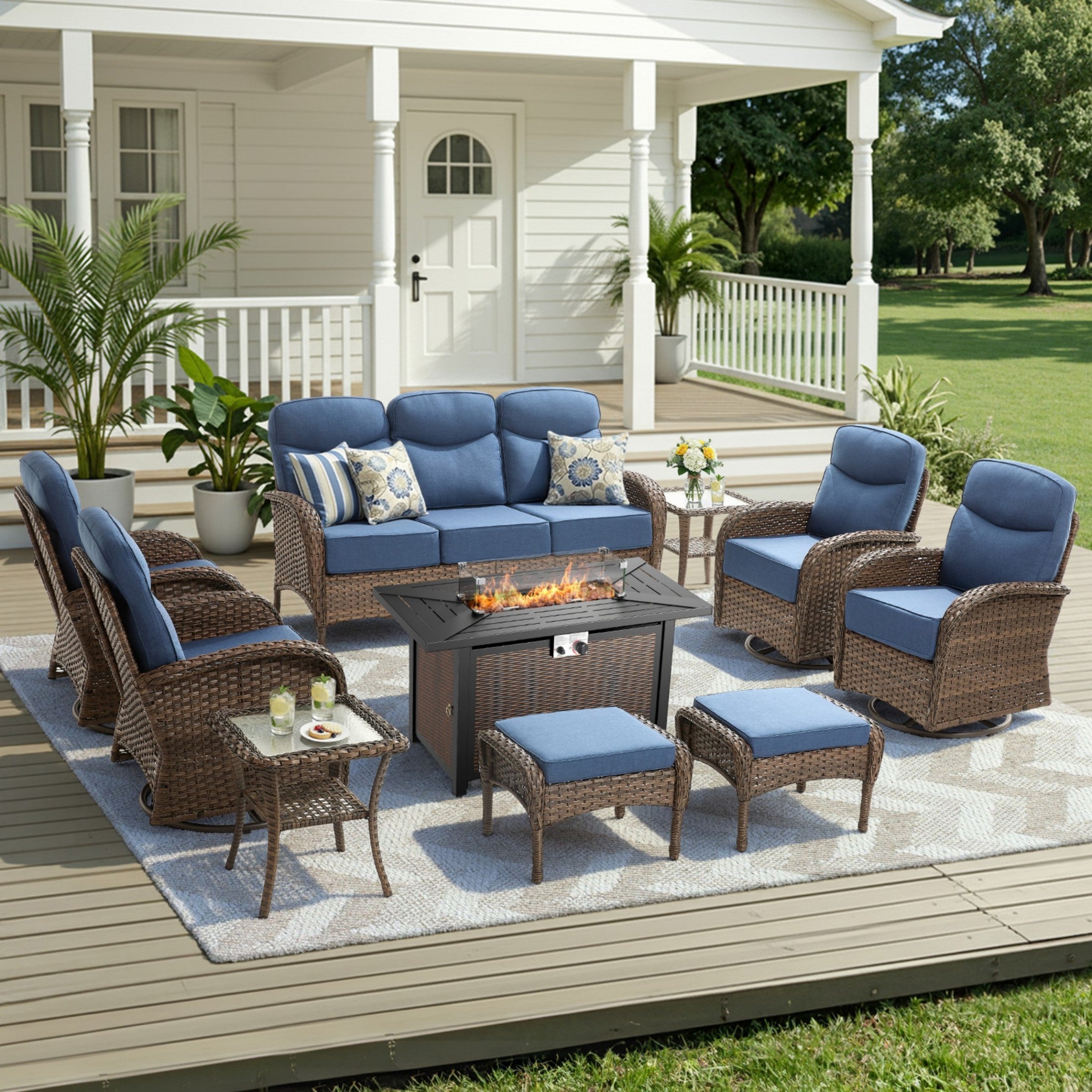Unnifurnzi 5 Pieces Patio Furniture with Fire Pit-6'' Thick Cushions Outdoor Furniture with Swivel Rocker Chairs Outdoor Couch Wicker Patio Furniture For Deck Porch Garden Poolside
