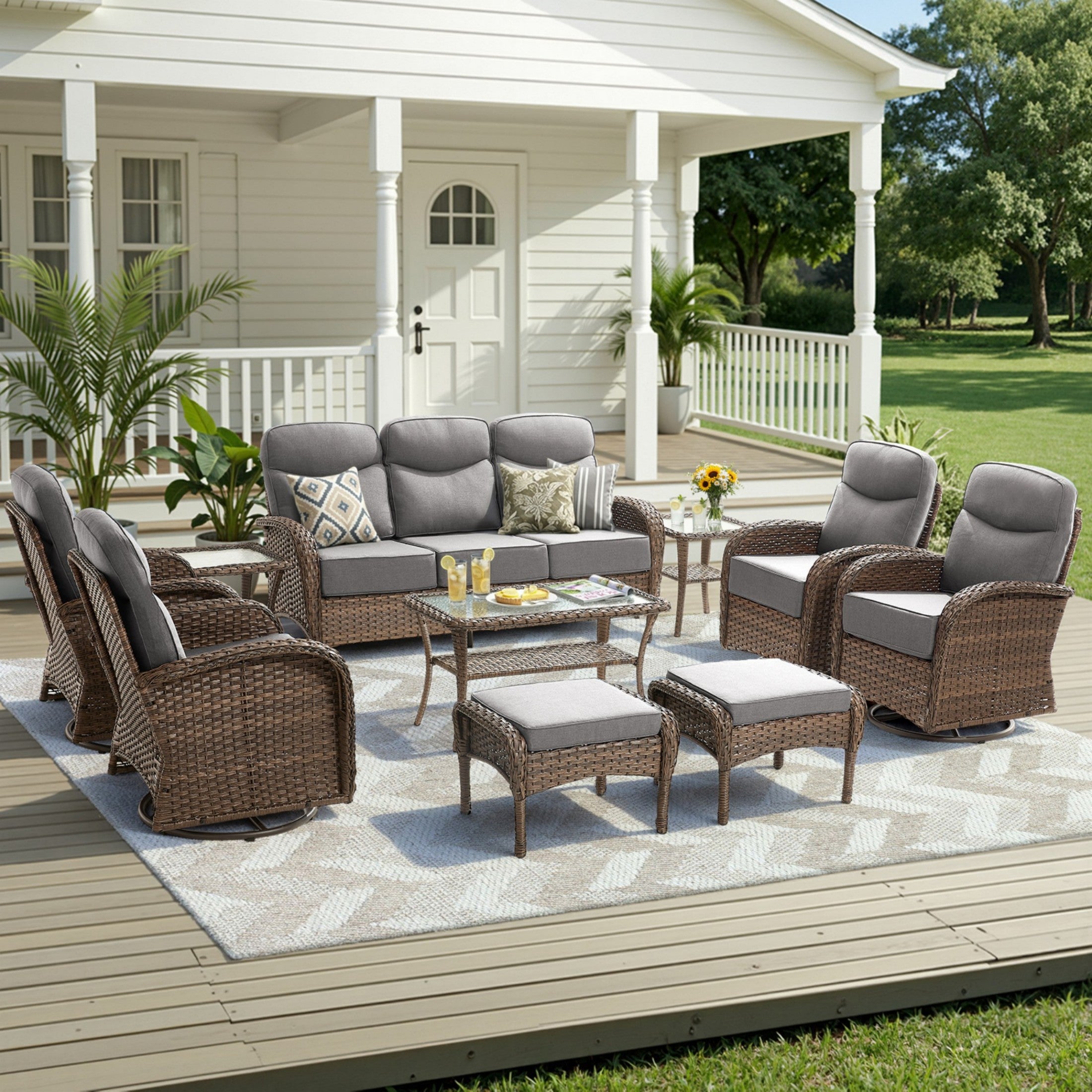 Unnifurnzi 5 Pieces Patio Furniture Set-6'' Thick Cushions Outdoor Furniture with Swivel Rocker Chairs Outdoor Couch and Ottomans Wicker Patio Furniture for Deck Porch Garden Poolside
