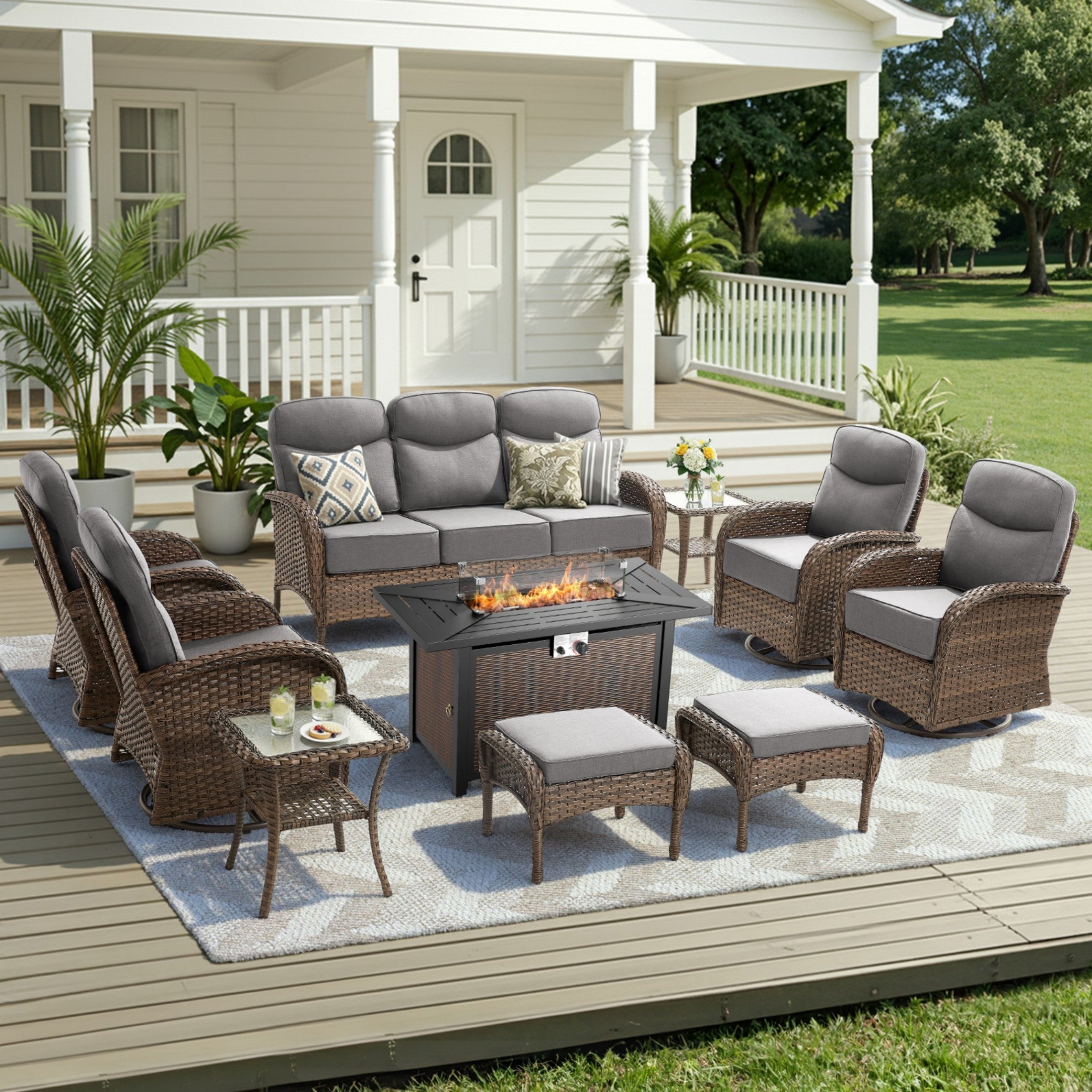 Unnifurnzi 5 Pieces Patio Furniture with Fire Pit-6'' Thick Cushions Outdoor Furniture with Swivel Rocker Chairs Outdoor Couch Wicker Patio Furniture For Deck Porch Garden Poolside