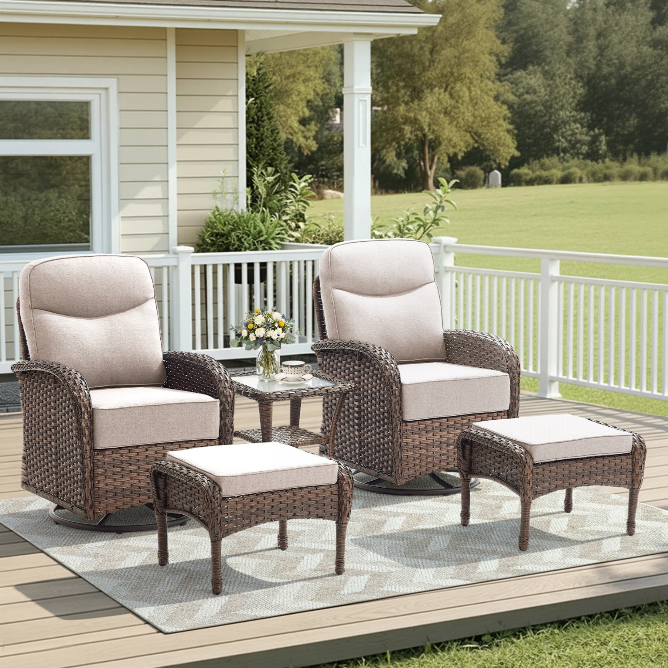 Unnifurnzi Outdoor Swivel Rocker Patio Chairs-6'' Thick Cushions Outdoor Rocking Chairs with Outdoor Ottoman Small Patio Furniture Set for Deck Porch Garden Balcony Poolside