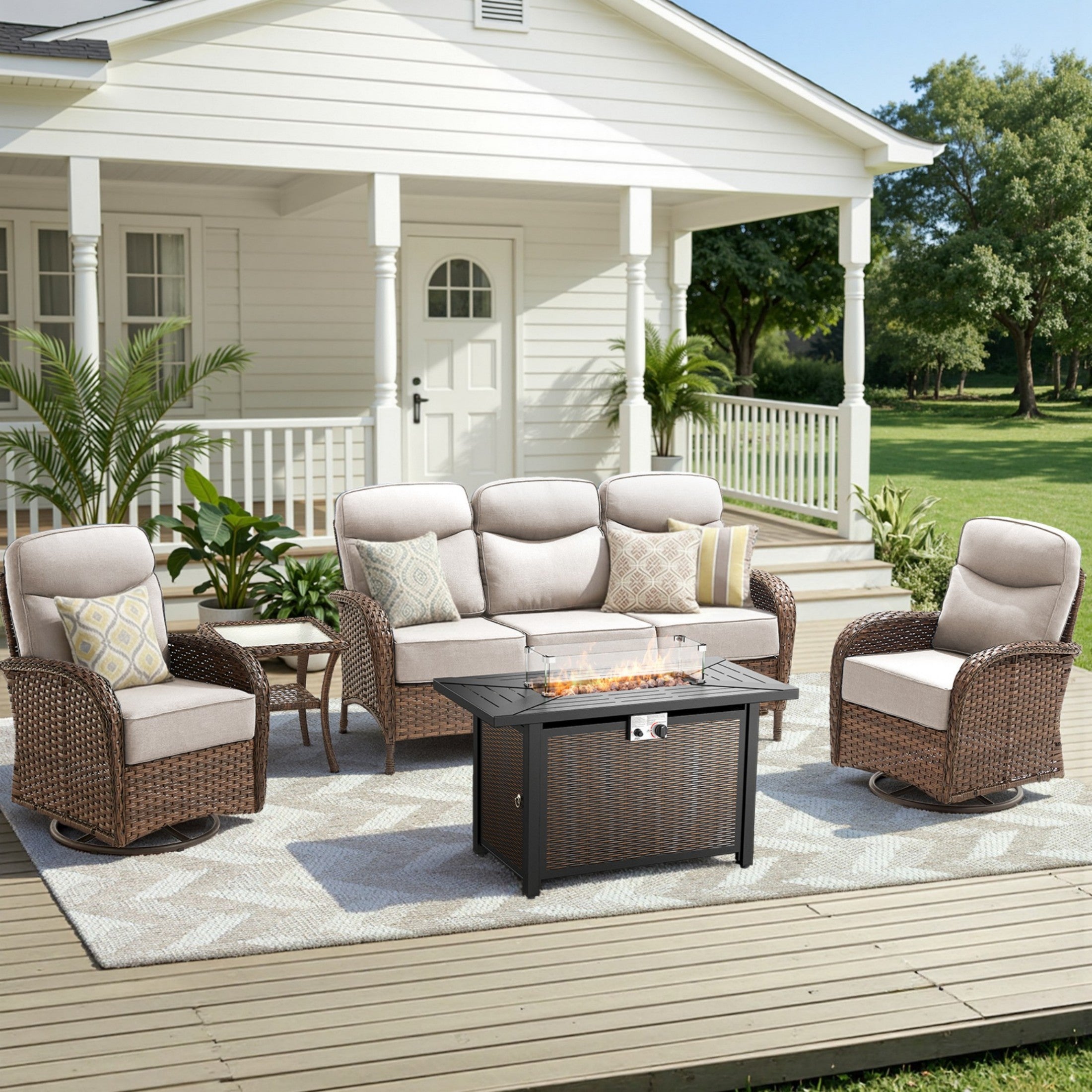 Unnifurnzi 5 Pieces Patio Furniture with Fire Pit-6'' Thick Cushions Outdoor Furniture with Swivel Rocker Chairs Outdoor Couch Wicker Patio Furniture For Deck Porch Garden Poolside