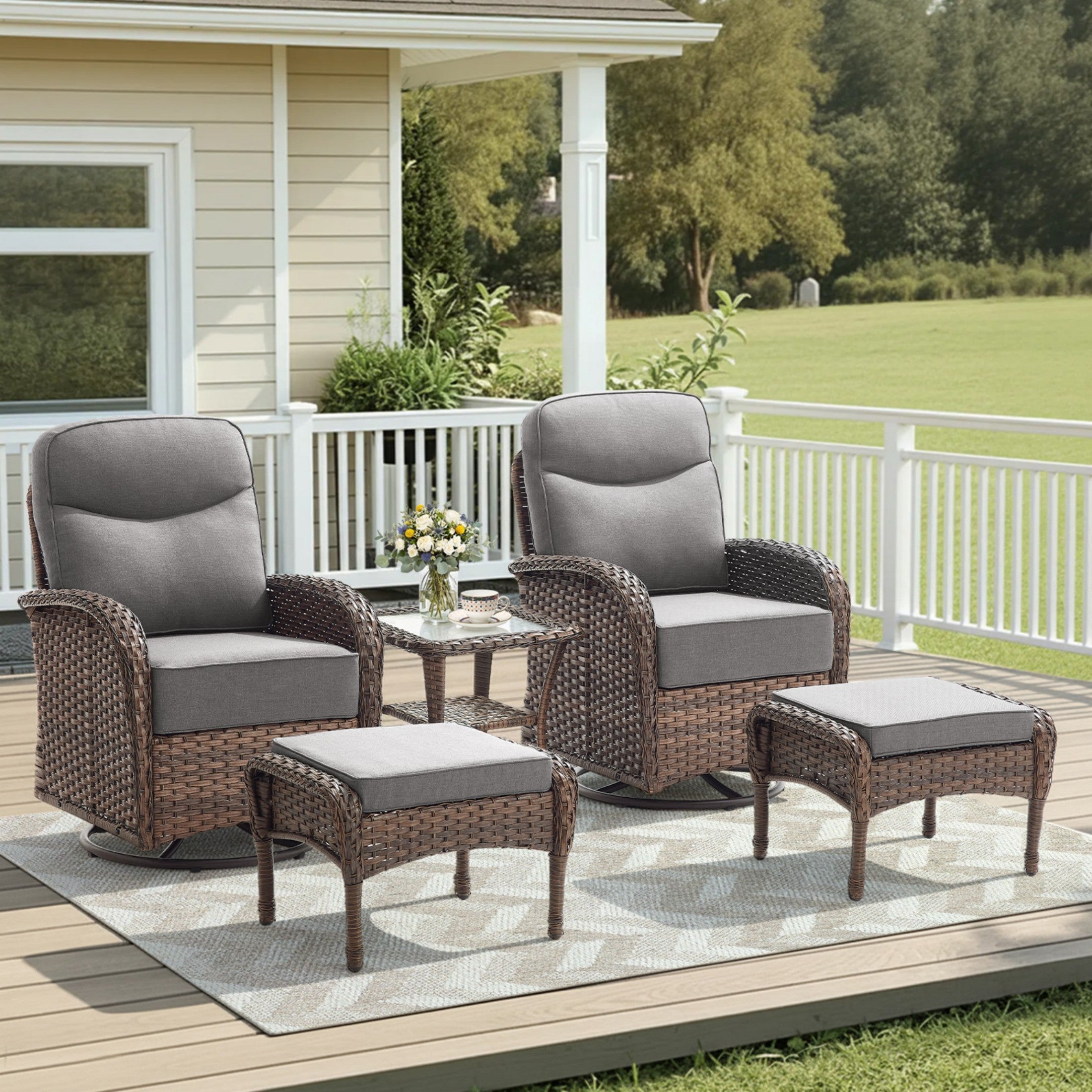 Unnifurnzi Outdoor Swivel Rocker Patio Chairs-6'' Thick Cushions Outdoor Rocking Chairs with Outdoor Ottoman Small Patio Furniture Set for Deck Porch Garden Balcony Poolside