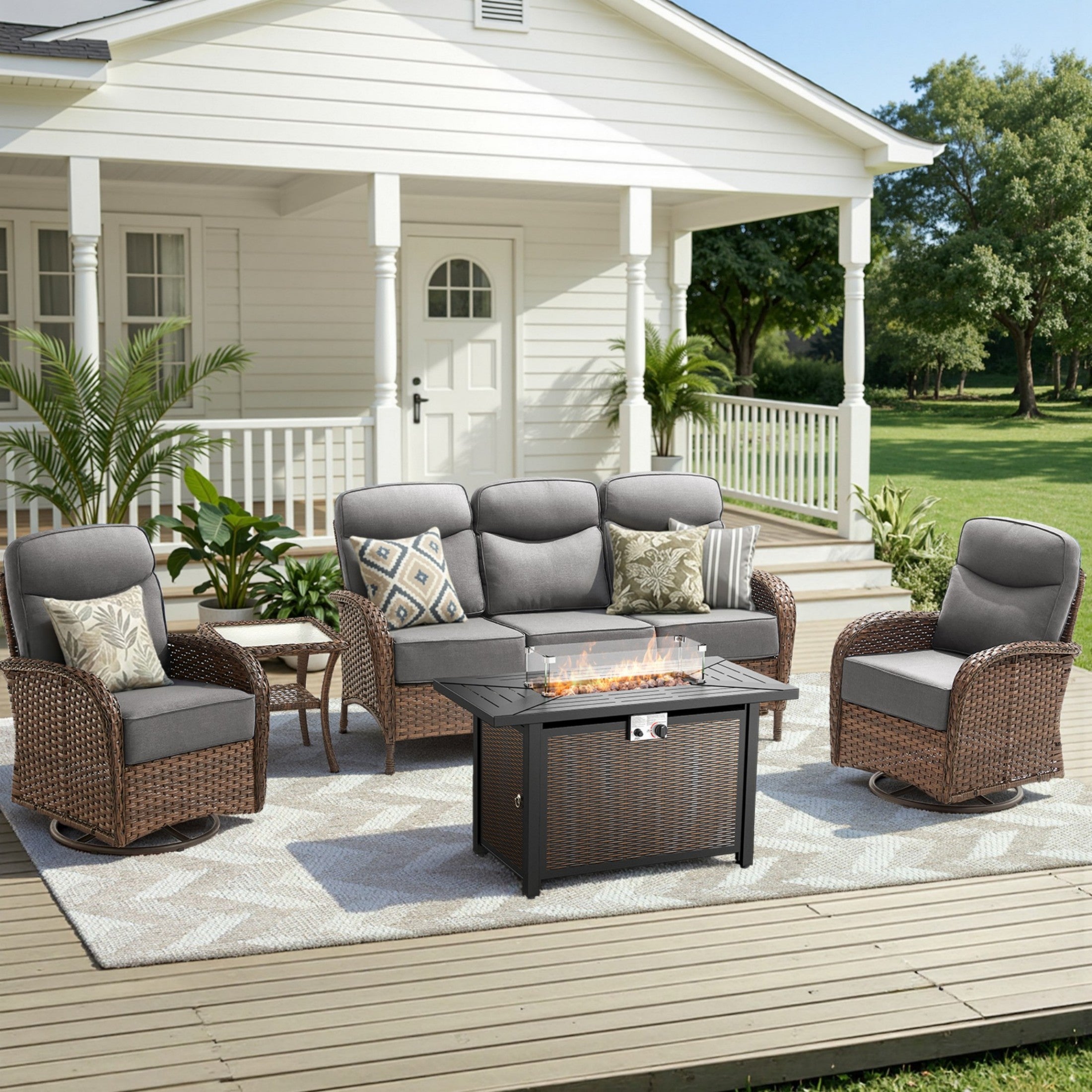 Unnifurnzi 5 Pieces Patio Furniture with Fire Pit-6'' Thick Cushions Outdoor Furniture with Swivel Rocker Chairs Outdoor Couch Wicker Patio Furniture For Deck Porch Garden Poolside