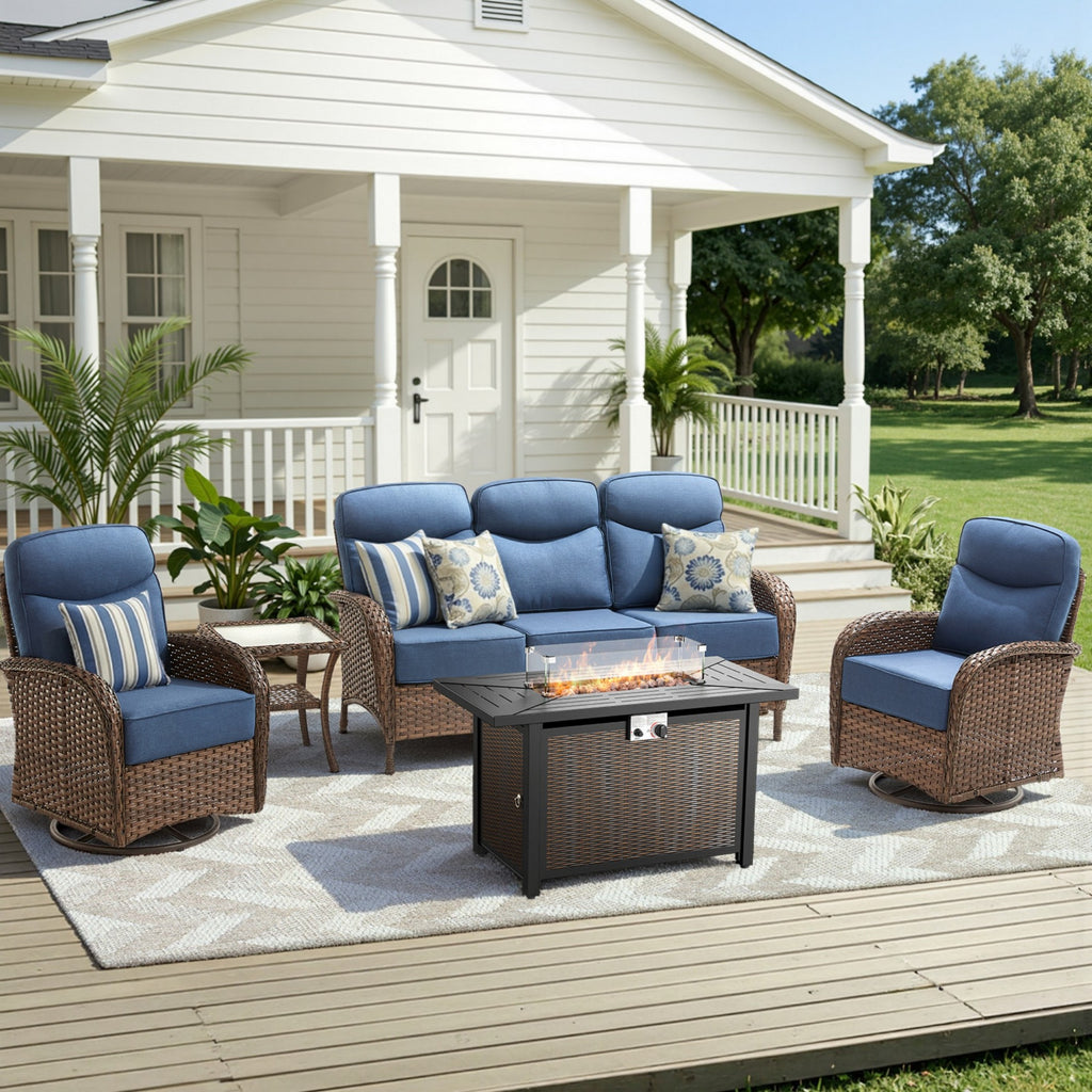 Unnifurnzi 5 Pieces Patio Furniture with Fire Pit-6'' Thick Cushions Outdoor Furniture with Swivel Rocker Chairs Outdoor Couch Wicker Patio Furniture For Deck Porch Garden Poolside