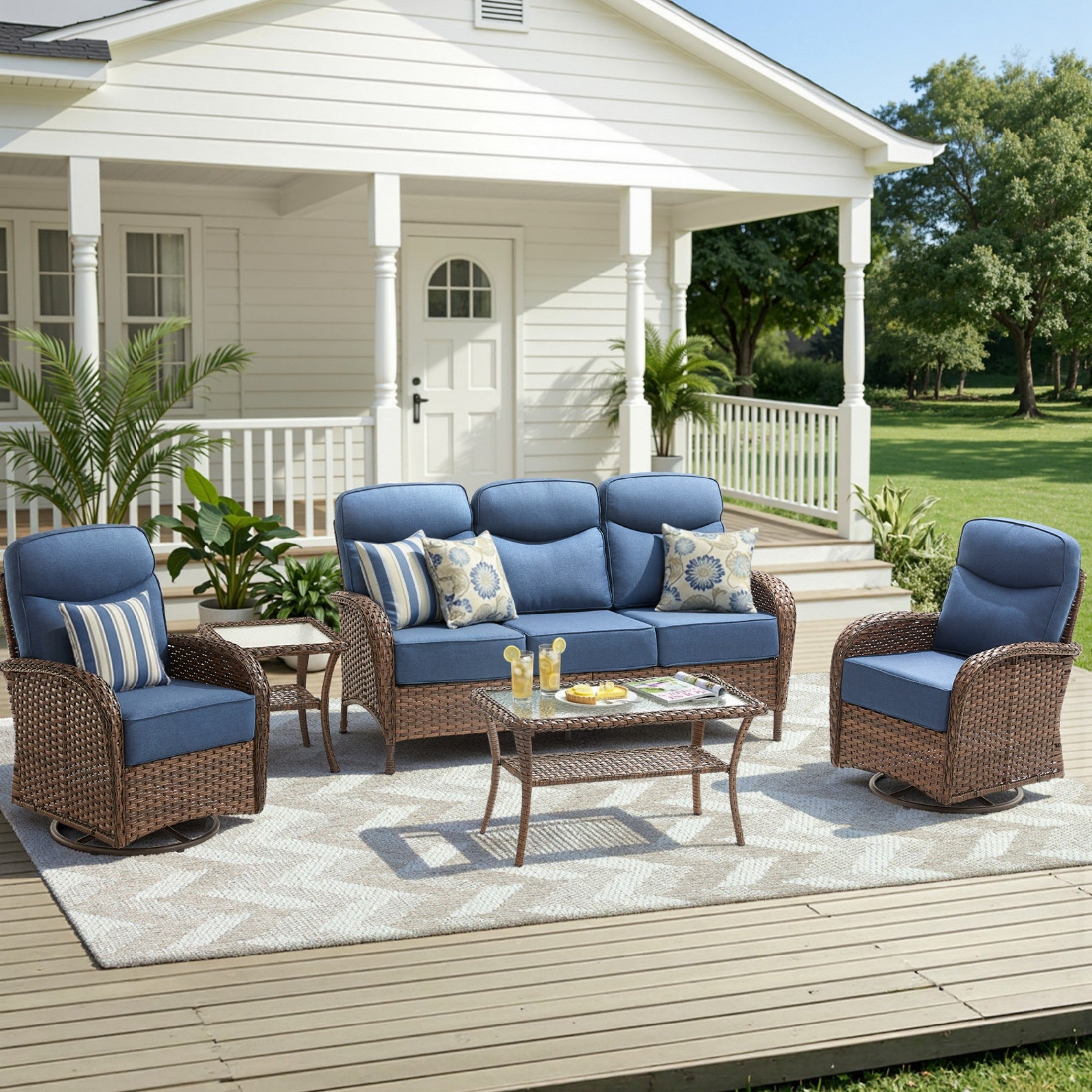 Unnifurnzi 5 Pieces Patio Furniture Set-6'' Thick Cushions Outdoor Furniture with Swivel Rocker Chairs Outdoor Couch and Ottomans Wicker Patio Furniture for Deck Porch Garden Poolside
