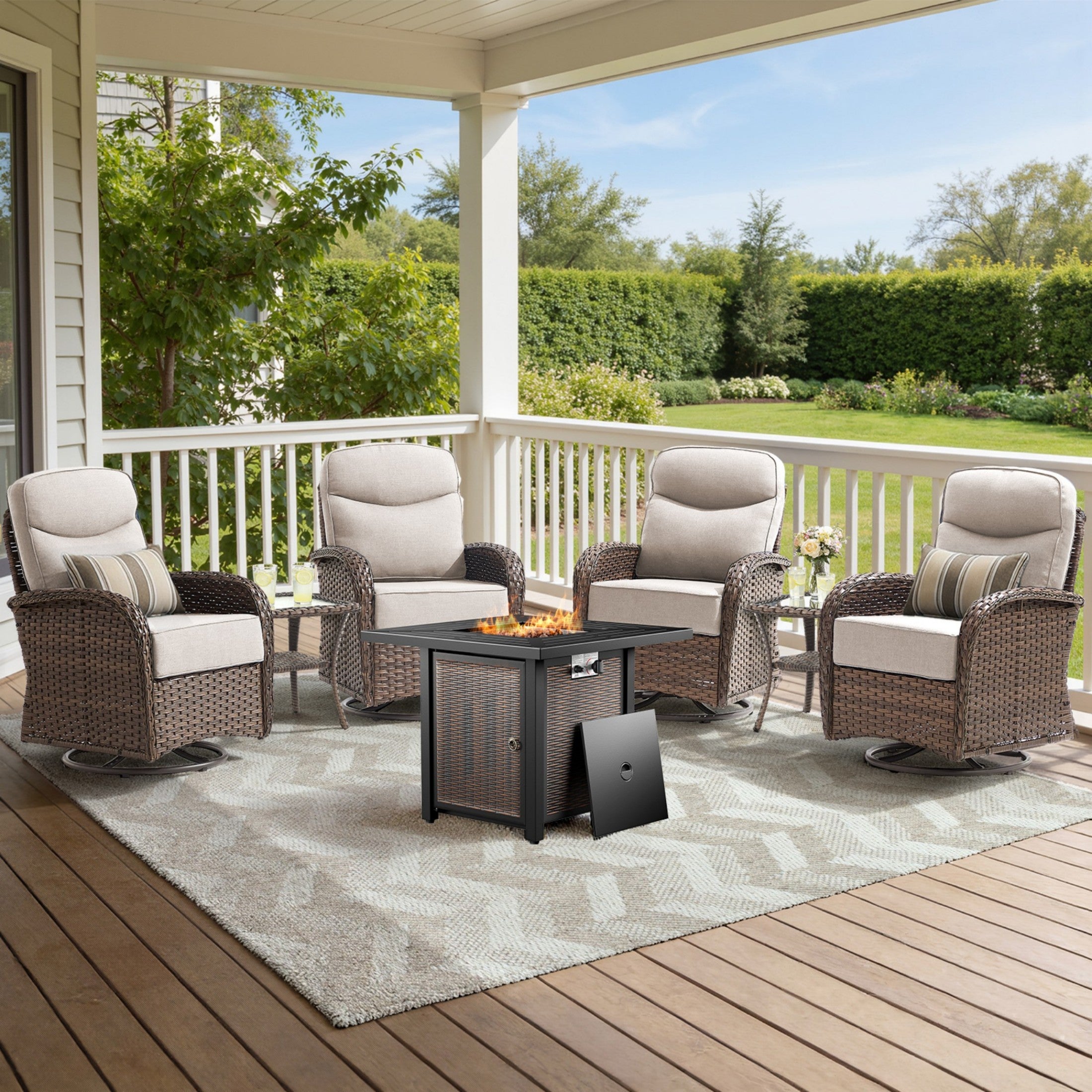 Unnifurnzi 5 Pieces Patio Furniture with Fire Pit-6'' Thick Cushions Outdoor Furniture with Swivel Rocker Chairs Outdoor Couch Wicker Patio Furniture For Deck Porch Garden Poolside