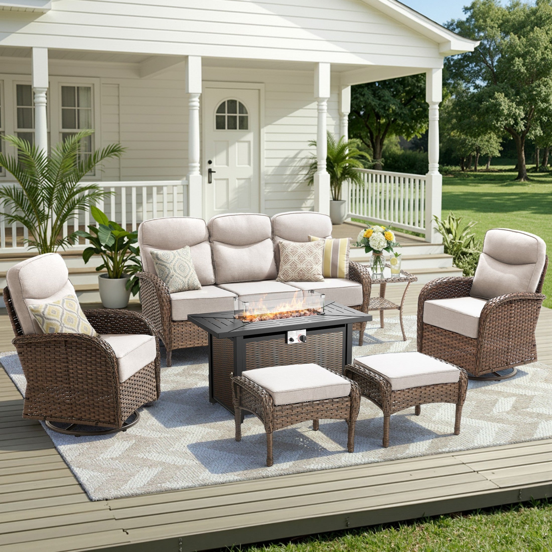 Unnifurnzi 5 Pieces Patio Furniture with Fire Pit-6'' Thick Cushions Outdoor Furniture with Swivel Rocker Chairs Outdoor Couch Wicker Patio Furniture For Deck Porch Garden Poolside