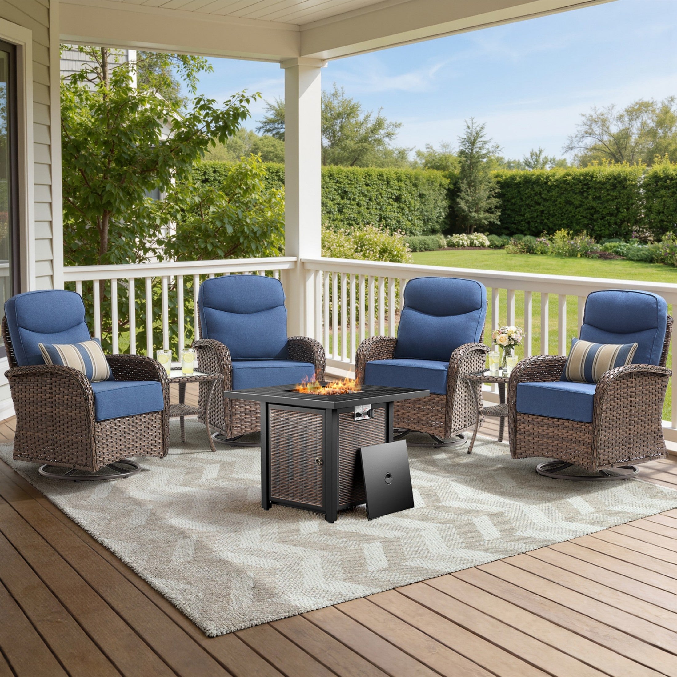 Unnifurnzi 5 Pieces Patio Furniture with Fire Pit-6'' Thick Cushions Outdoor Furniture with Swivel Rocker Chairs Outdoor Couch Wicker Patio Furniture For Deck Porch Garden Poolside