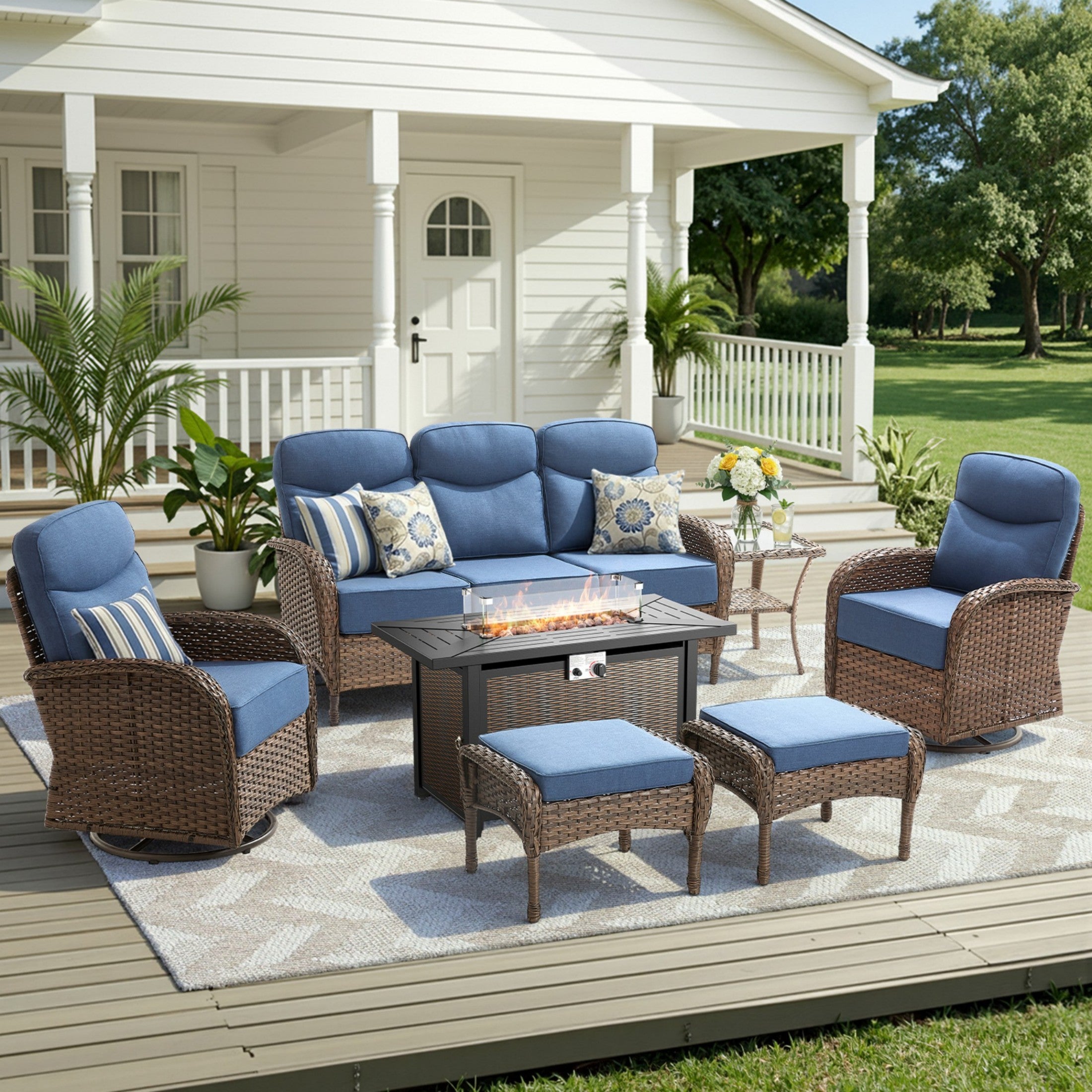 Unnifurnzi 5 Pieces Patio Furniture with Fire Pit-6'' Thick Cushions Outdoor Furniture with Swivel Rocker Chairs Outdoor Couch Wicker Patio Furniture For Deck Porch Garden Poolside