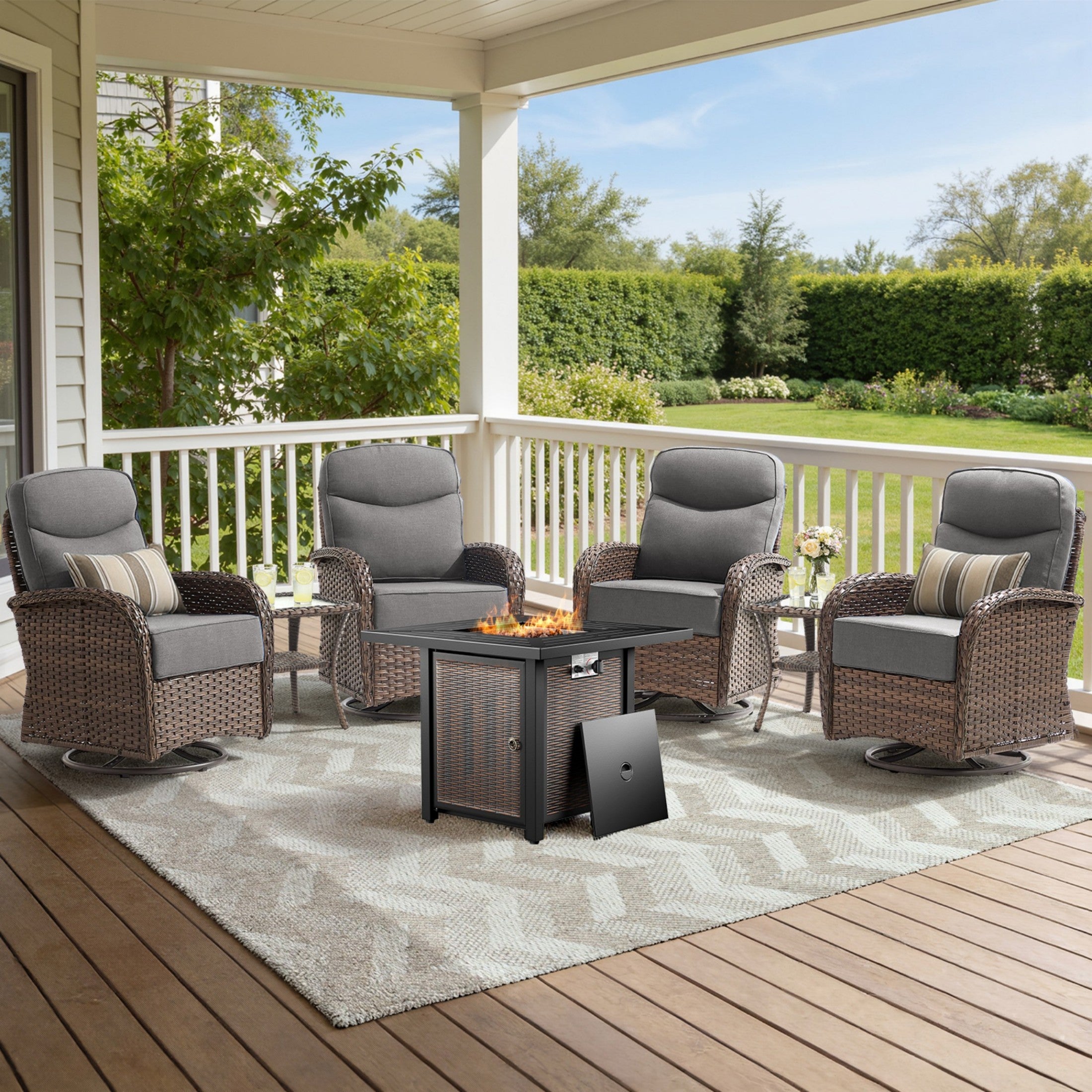 Unnifurnzi 5 Pieces Patio Furniture with Fire Pit-6'' Thick Cushions Outdoor Furniture with Swivel Rocker Chairs Outdoor Couch Wicker Patio Furniture For Deck Porch Garden Poolside