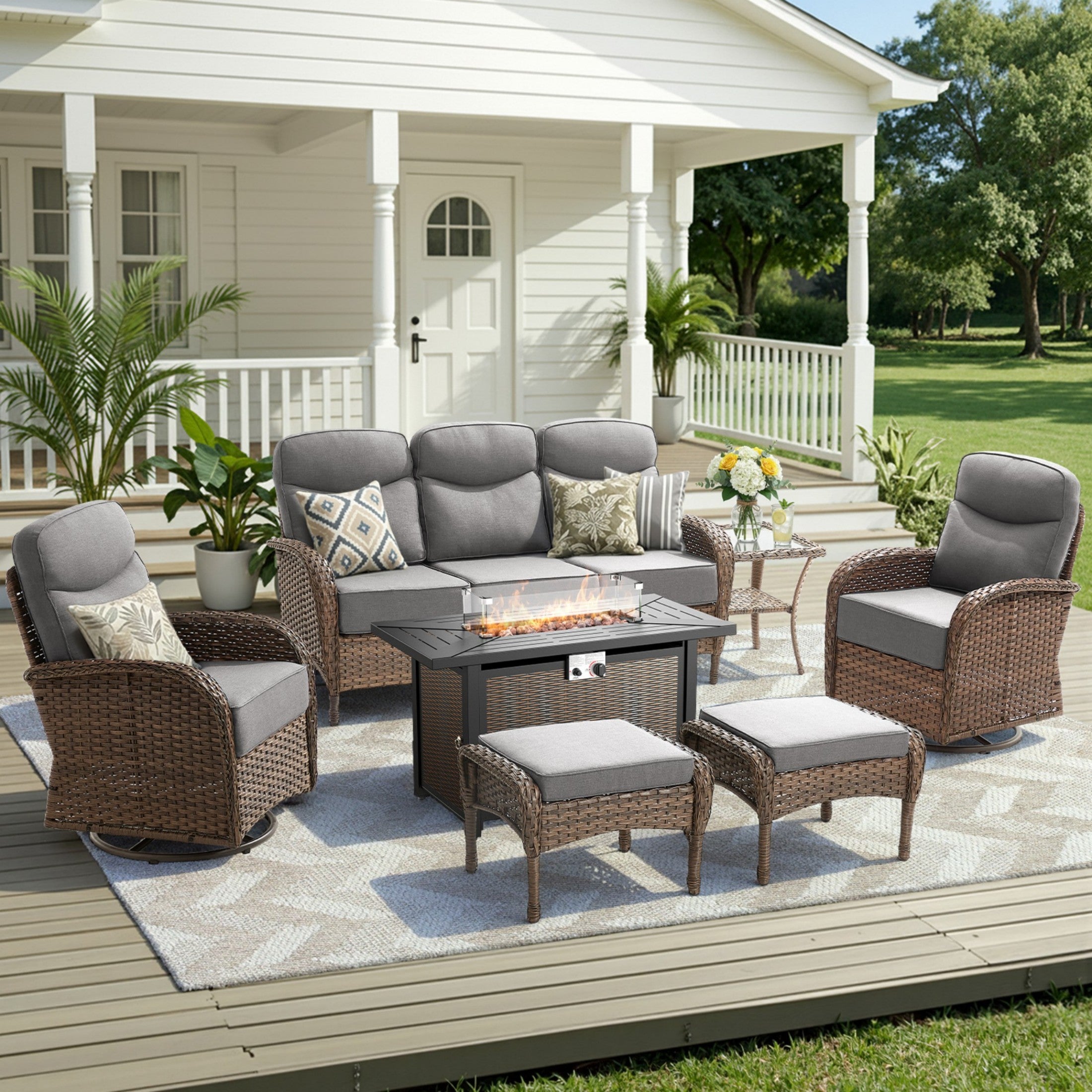 Unnifurnzi 5 Pieces Patio Furniture with Fire Pit-6'' Thick Cushions Outdoor Furniture with Swivel Rocker Chairs Outdoor Couch Wicker Patio Furniture For Deck Porch Garden Poolside