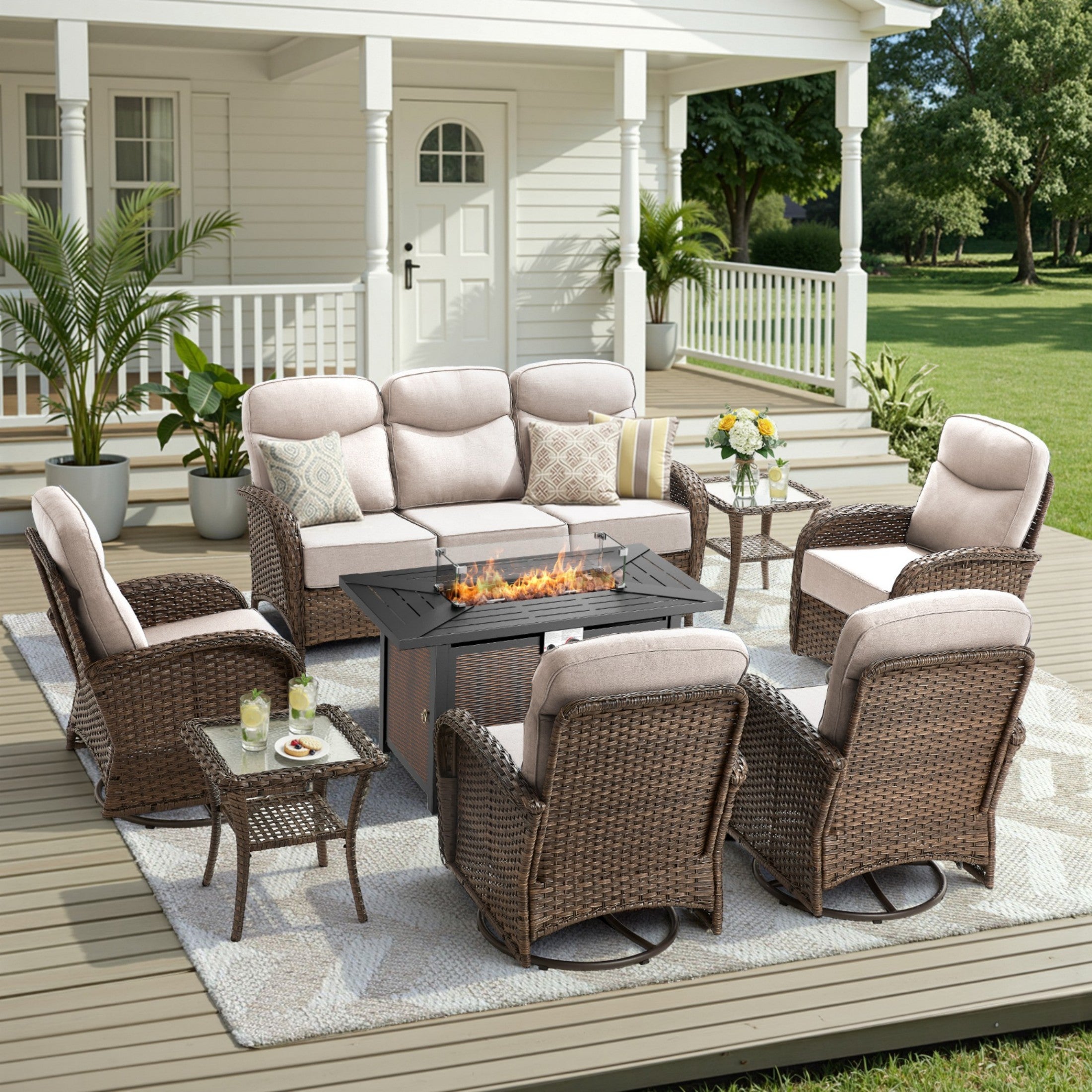 Unnifurnzi 5 Pieces Patio Furniture with Fire Pit-6'' Thick Cushions Outdoor Furniture with Swivel Rocker Chairs Outdoor Couch Wicker Patio Furniture For Deck Porch Garden Poolside