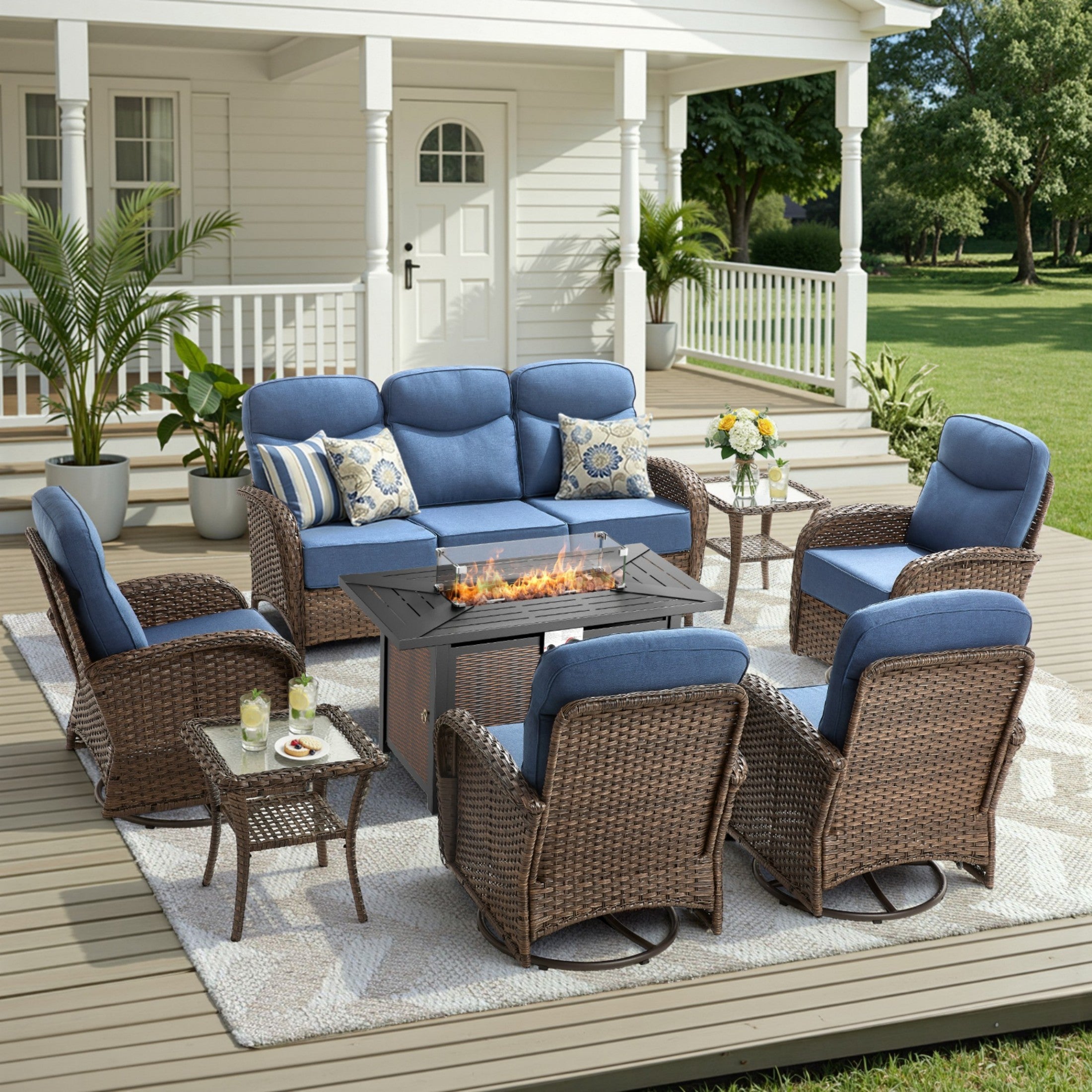 Unnifurnzi 5 Pieces Patio Furniture with Fire Pit-6'' Thick Cushions Outdoor Furniture with Swivel Rocker Chairs Outdoor Couch Wicker Patio Furniture For Deck Porch Garden Poolside
