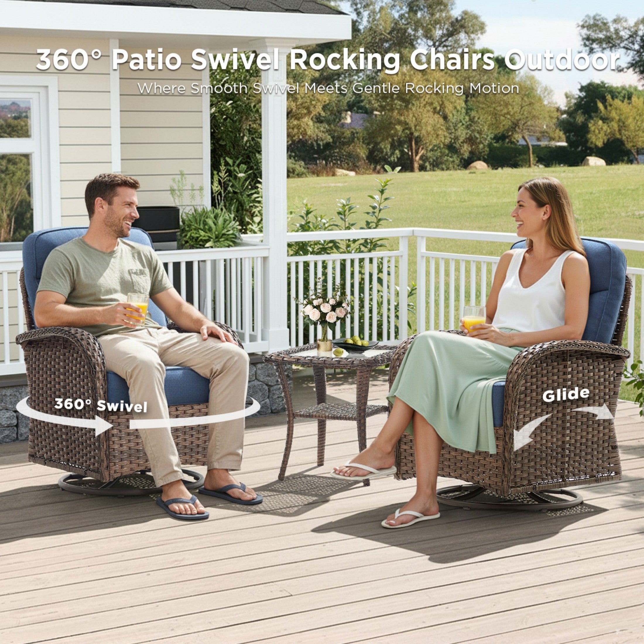 Unnifurnzi 5 Pieces Patio Furniture Set-6'' Thick Cushions Outdoor Furniture with Swivel Rocker Chairs Outdoor Couch and Ottomans Wicker Patio Furniture for Deck Porch Garden Poolside