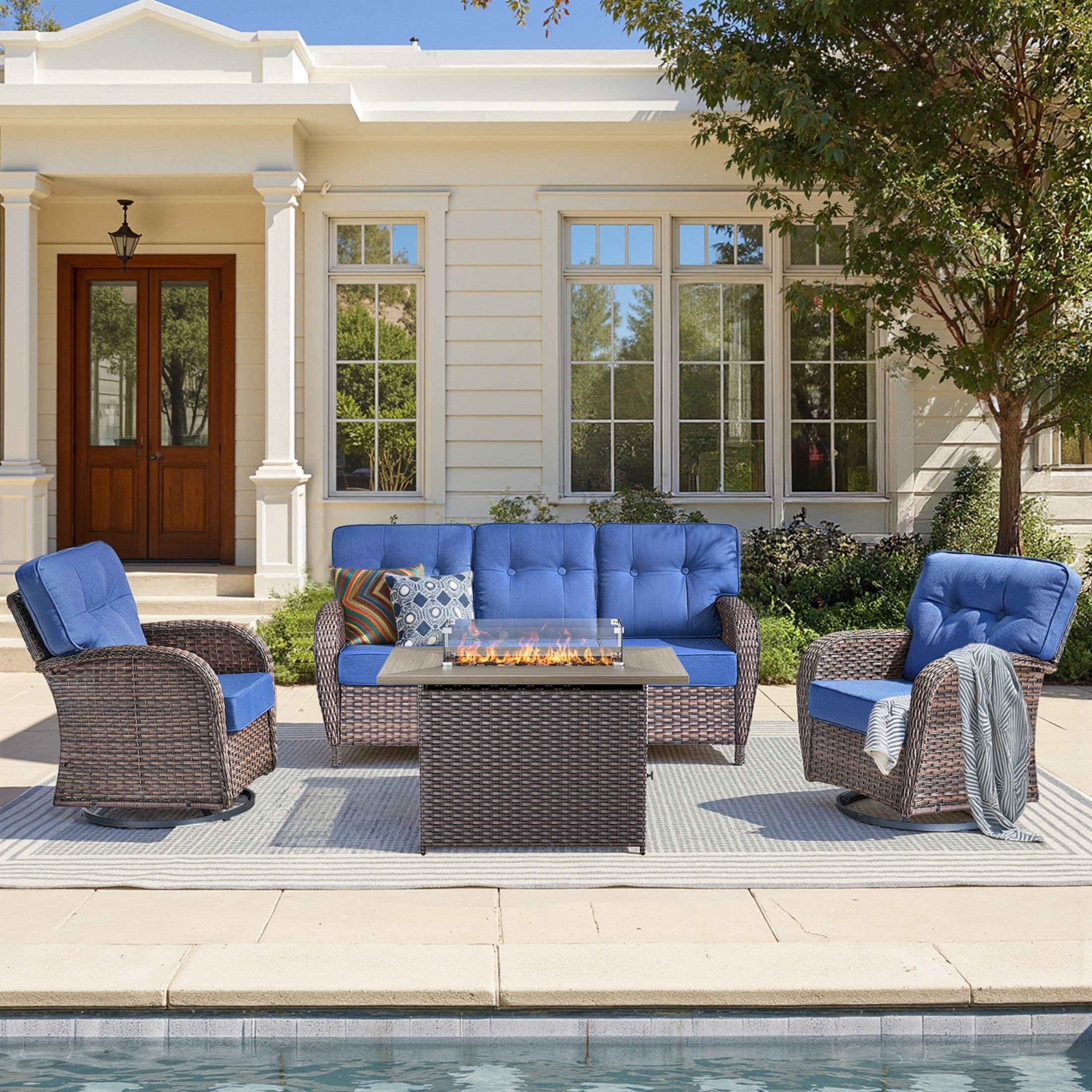Unnifurnzi 4 Pieces Patio Furniture Set with Fire Pit Table-All Weather Wicker Patio Conversation Sets with Swivel Patio Chairs Outdoor Couch for Deck Porch Garden Balcony Poolside