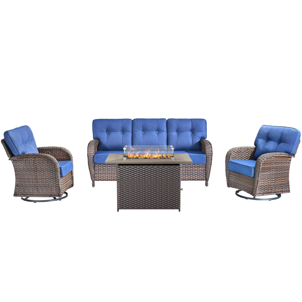 Unnifurnzi 4 Pieces Patio Furniture Set with Fire Pit Table-All Weather Wicker Patio Conversation Sets with Swivel Patio Chairs Outdoor Couch for Deck Porch Garden Balcony Poolside