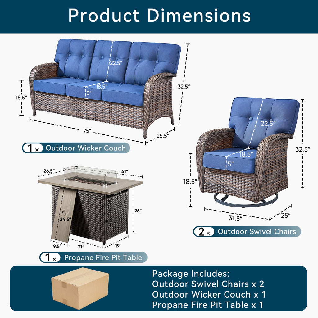 Unnifurnzi 4 Pieces Patio Furniture Set with Fire Pit Table-All Weather Wicker Patio Conversation Sets with Swivel Patio Chairs Outdoor Couch for Deck Porch Garden Balcony Poolside