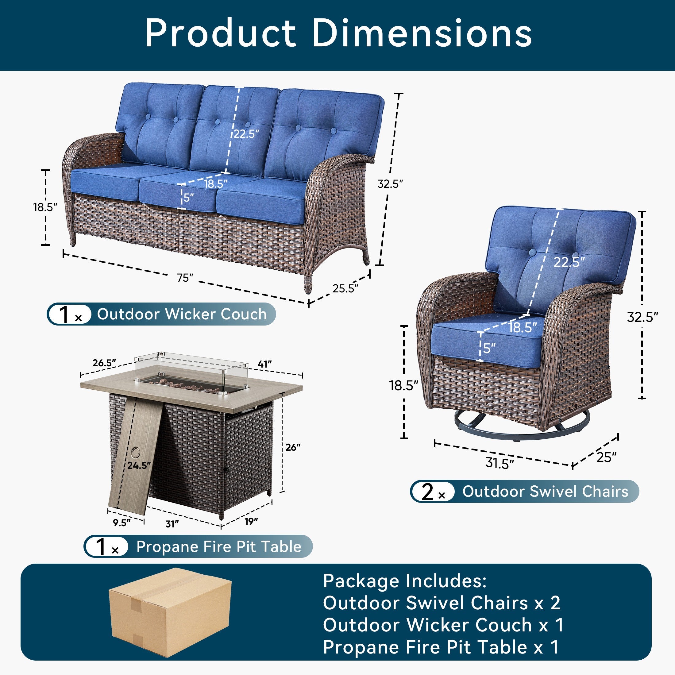 Unnifurnzi 4 Pieces Patio Furniture Set with Fire Pit Table-All Weather Wicker Patio Conversation Sets with Swivel Patio Chairs Outdoor Couch for Deck Porch Garden Balcony Poolside