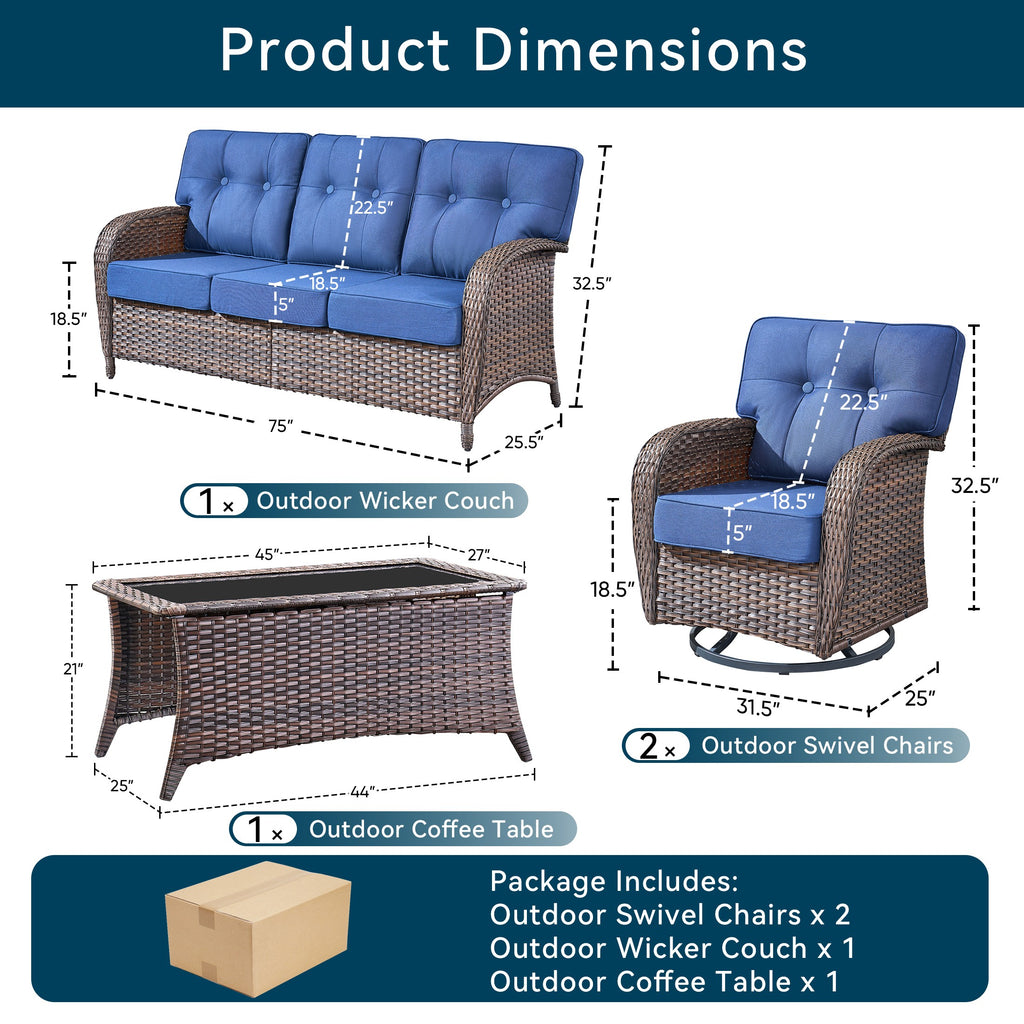 Unnifurnzi 4 Pieces Patio Furniture Set-High Back Outdoor Couch with Swivel Patio Chairs Wicker Patio Furniture for Deck Porch Garden Balcony Poolside