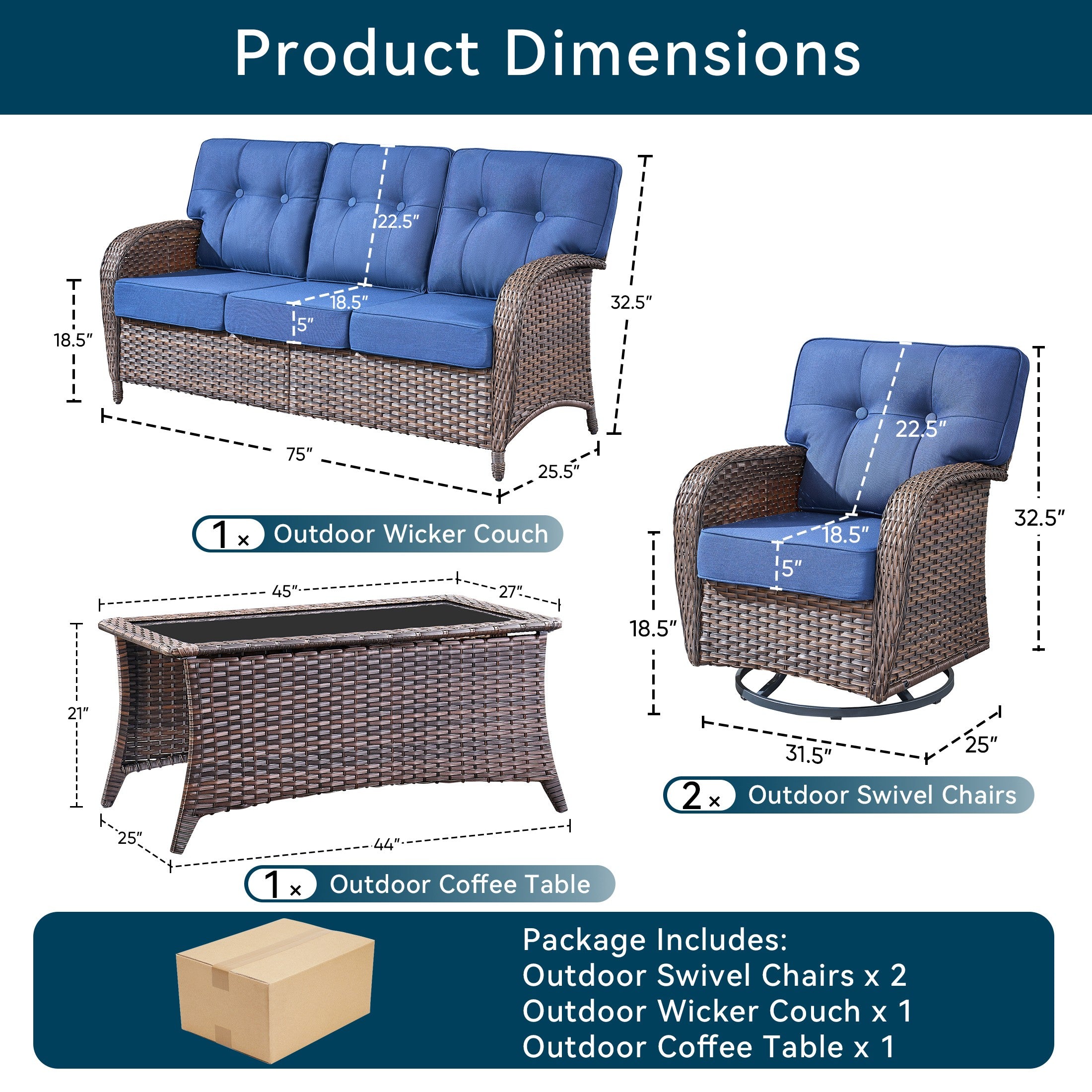 Unnifurnzi 4 Pieces Patio Furniture Set-High Back Outdoor Couch with Swivel Patio Chairs Wicker Patio Furniture for Deck Porch Garden Balcony Poolside