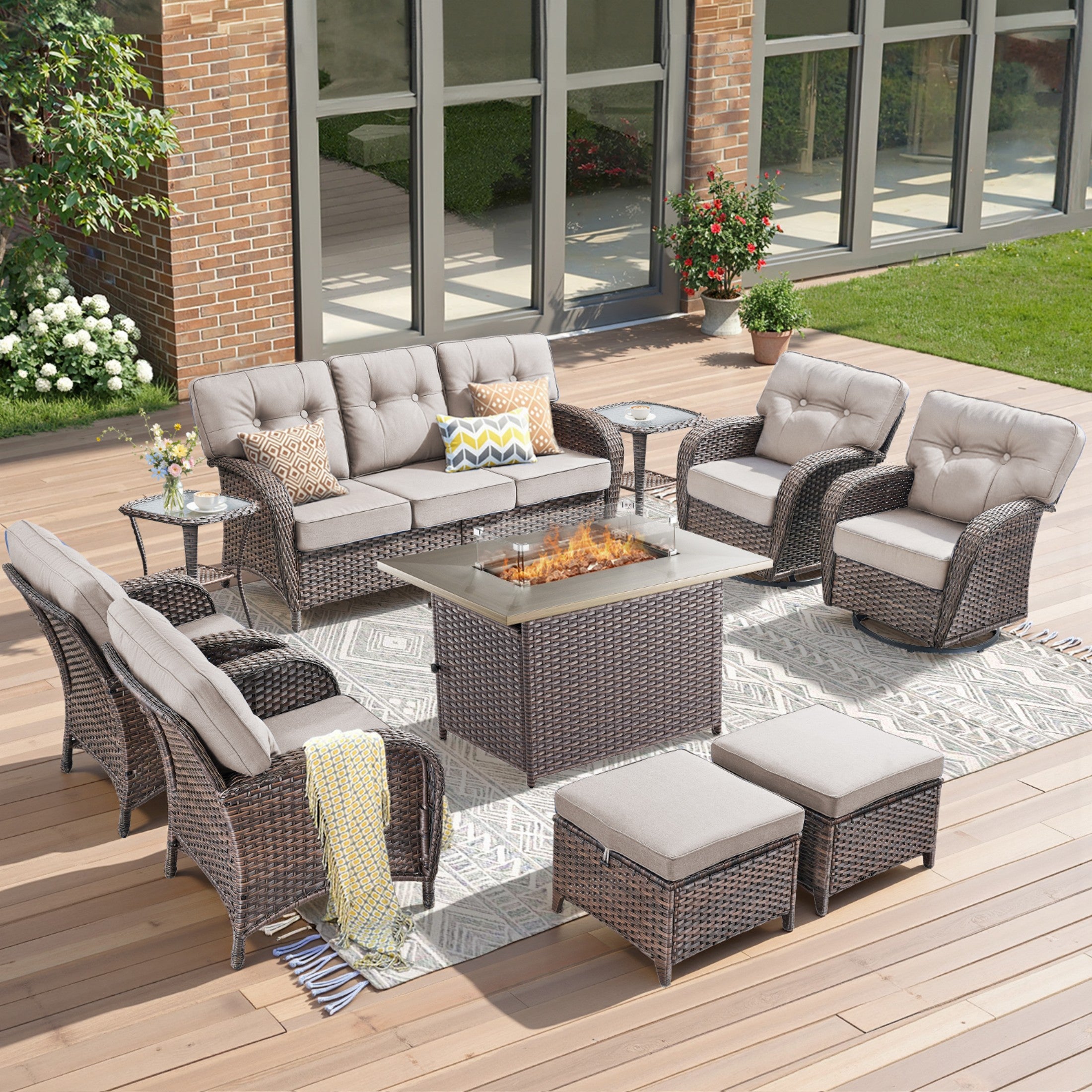 Unnifurnzi 4 Pieces Patio Furniture Set with Fire Pit Table-All Weather Wicker Patio Conversation Sets with Swivel Patio Chairs Outdoor Couch for Deck Porch Garden Balcony Poolside