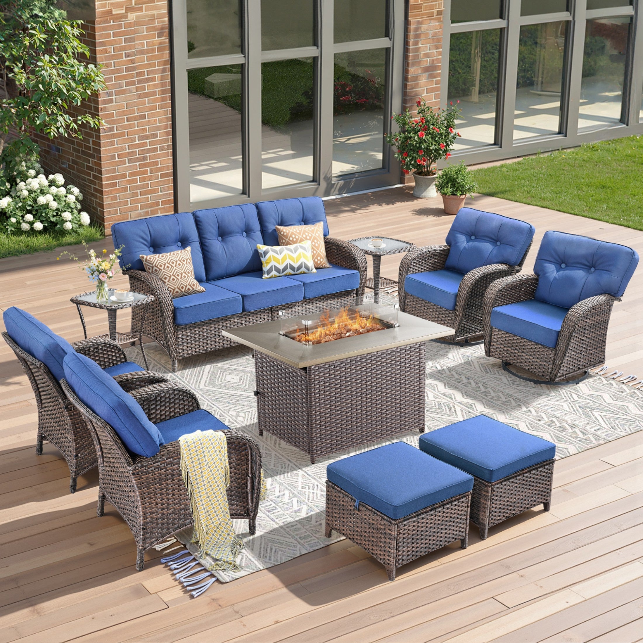 Unnifurnzi 4 Pieces Patio Furniture Set with Fire Pit Table-All Weather Wicker Patio Conversation Sets with Swivel Patio Chairs Outdoor Couch for Deck Porch Garden Balcony Poolside
